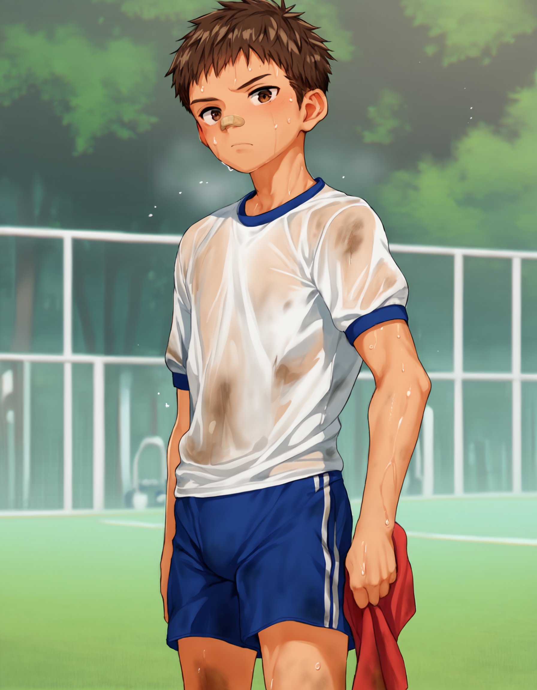 score_9, score_8_up, score_7_up, score_6_up, source_cg, outdoors, depth of field, 1boy, muscular, brown hair, brown eyes, solo, gym uniform, white t-shirt, blue shorts, standing, sweat, dirty, holding towel, bandaid on nose, looking at viewer <lora:fujimodoki-amxl-v1c-ShoAI:1>