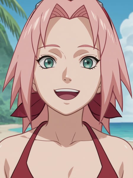 score_9, score_8_up,source_anime,1girl, haruno sakura, pink hair, long hair, green eyes,arms behind back, bikini, open mouth, smile, happy, solo, looking at viewer, sea, sand, blue sky, tropical island background, anime screencap, anime coloring  <lora:SakuraShippudenXL:1>