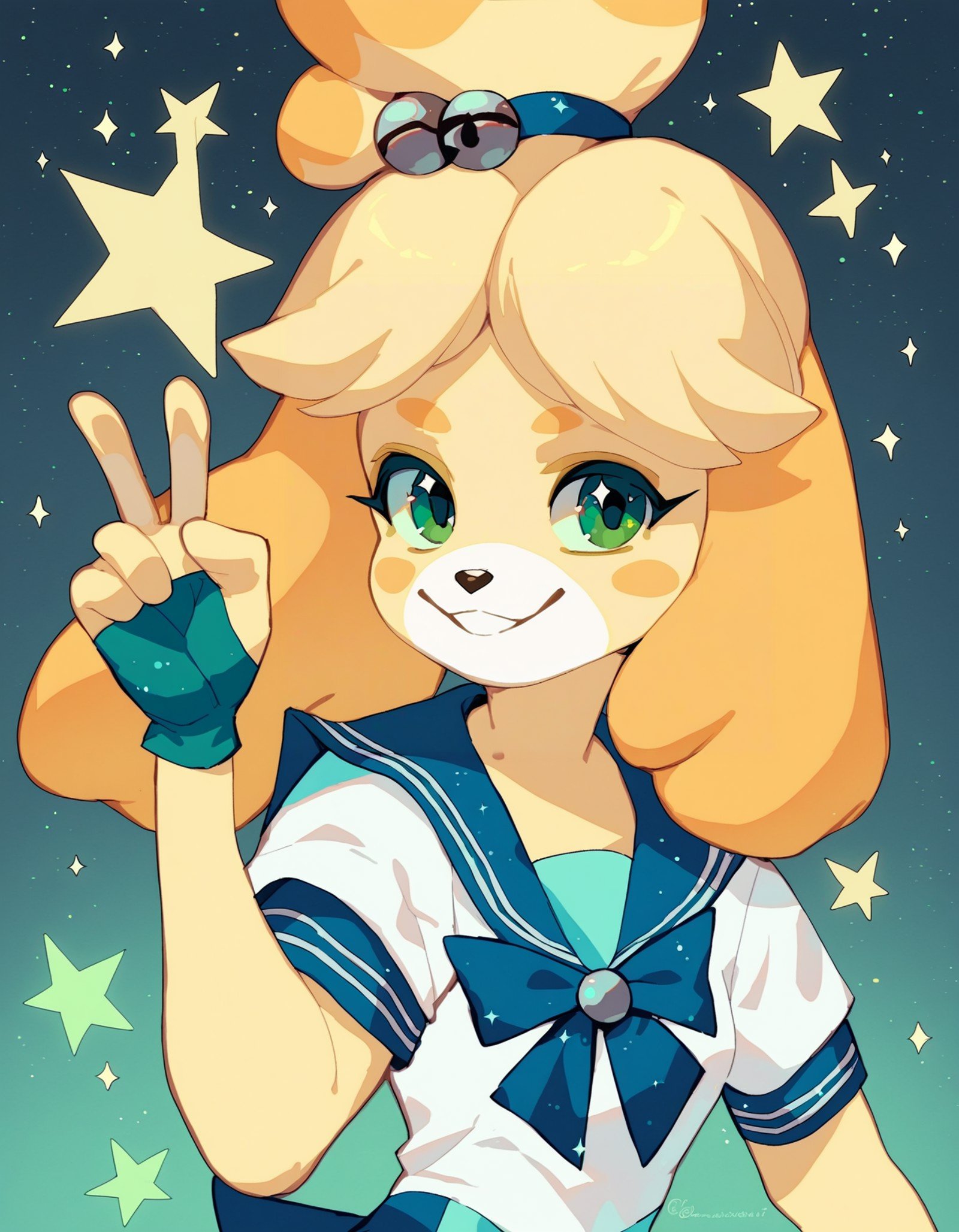 score_9, score_8_up, score_7_up, isabelle \(animal crossing\) 1girl solo, blue sailor senshi uniform sailor collar, gloves hand up v sign looking at viewer green eyes, petite magical girl stars and sparkles, half moon earrings jewelry, source_furry rating_safe, <lora:Isabelle_pXL_v2_E2:1>