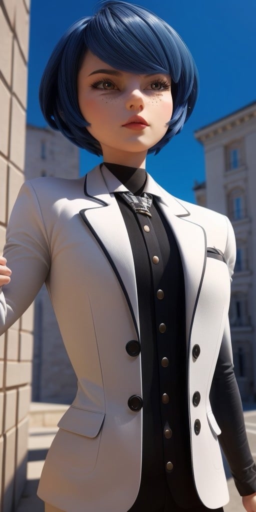 Hyperrealistic, photorealistic, super detailed, white long-sleeved blazer that has black outlines around the collar, expressive sharp slanted moderate vermilion eyes, thick straight black hair with blue reflections bangs swept to the left in a face-framing bob that levels with her chin with dark blue tints, lighter dusting of light-brown freckles, body like in real life, large pores, fair skin, slender, beautiful arms, (very little very flat breasts), unreal engine, octane render, droped shadow, bokeh, cinematic lighting, <lora:add_detail:0.5>, <lora:Volumetric_lighting:0.6>, Kagami Tsurugi,, <lora:dc2cca4f-0ca7-4e9e-8f19-795820b7cd3f:0.7>