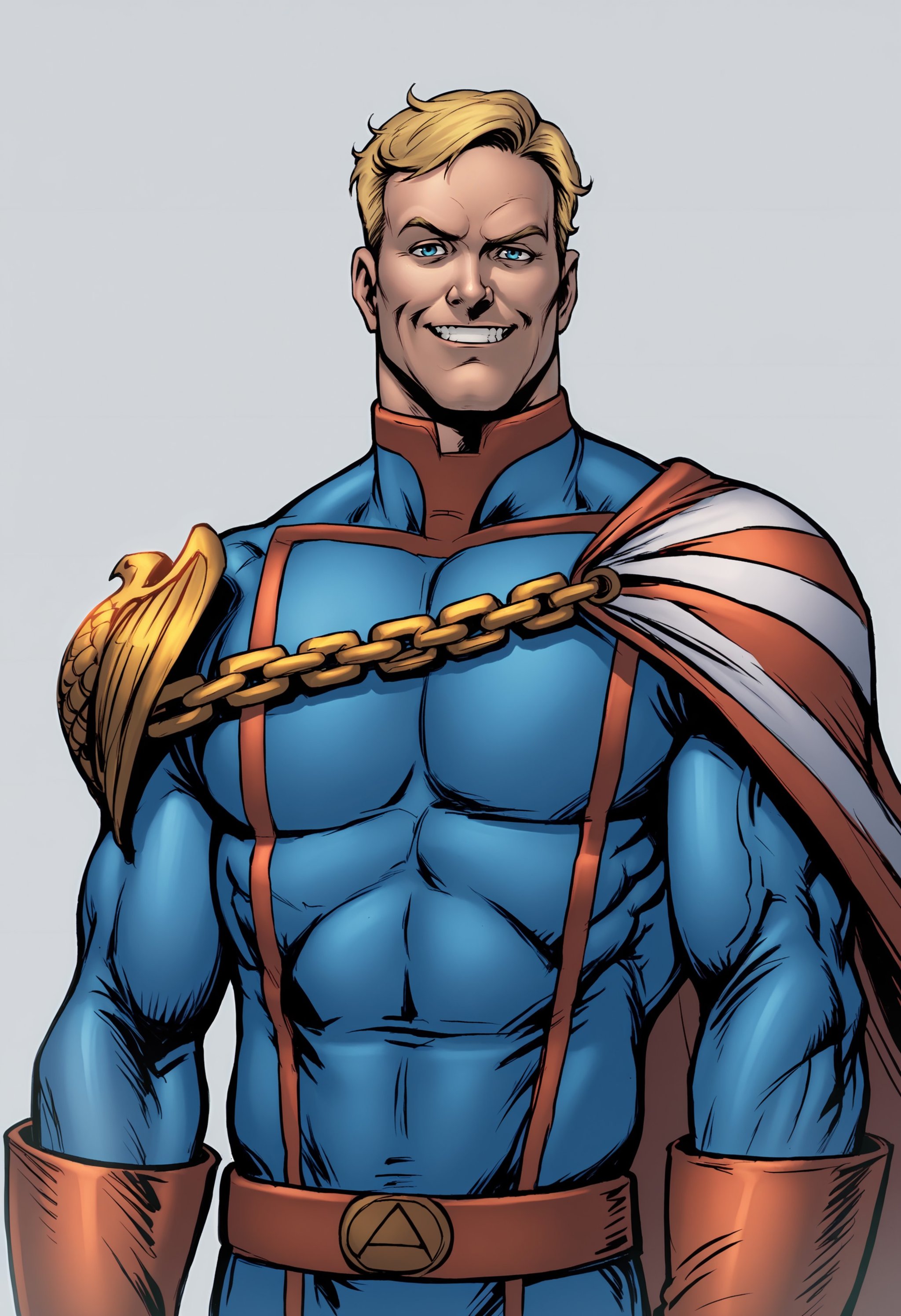 score_9, score_8_up, score_7_up, score_6_up, score_5_up, score_4_up, 1boy, <lora:HomelanderComics:0.9> male focus, solo, blonde hair, blue eyes, muscular, muscular male, superhero, cape, chain, bodysuit, gloves, upper body, standing, smile,(light blue background), simple background,