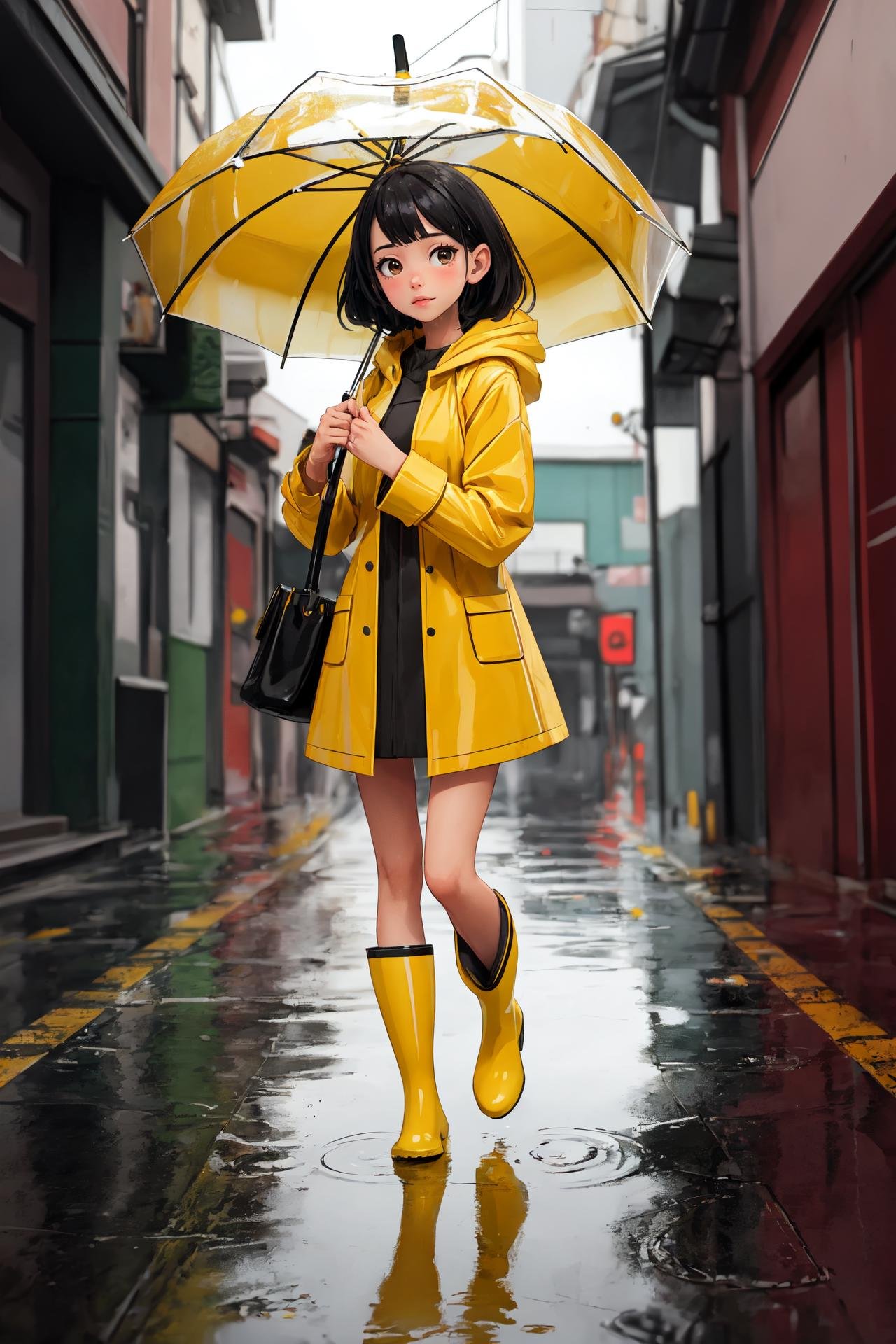 high quality, masterpiece, 1girl, yellow raincoat, red rainboots, umbrella, rainy, puddles