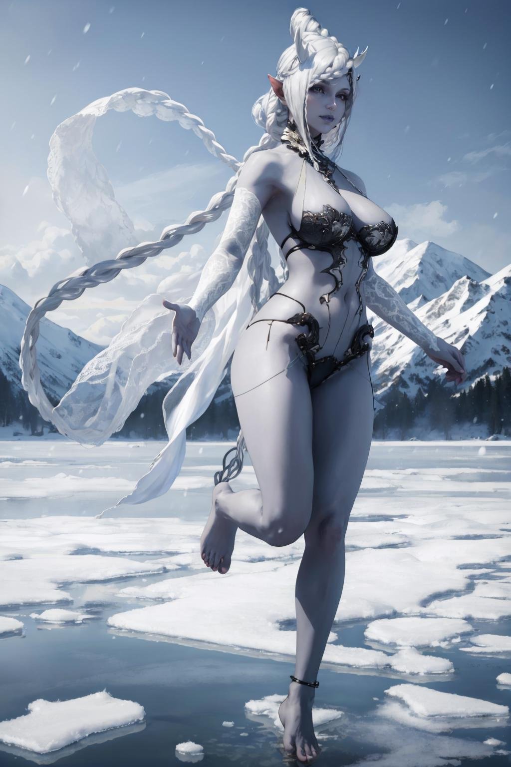 masterpiece, best quality,  <lora:xvshiva-nvwls-v1-000009:0.9 > xvShiva, blue skin, revealing clothes, large breasts, looking at viewer, winter, snow, ice, (floating:1.5), barefoot, outstretched hand, grey sky