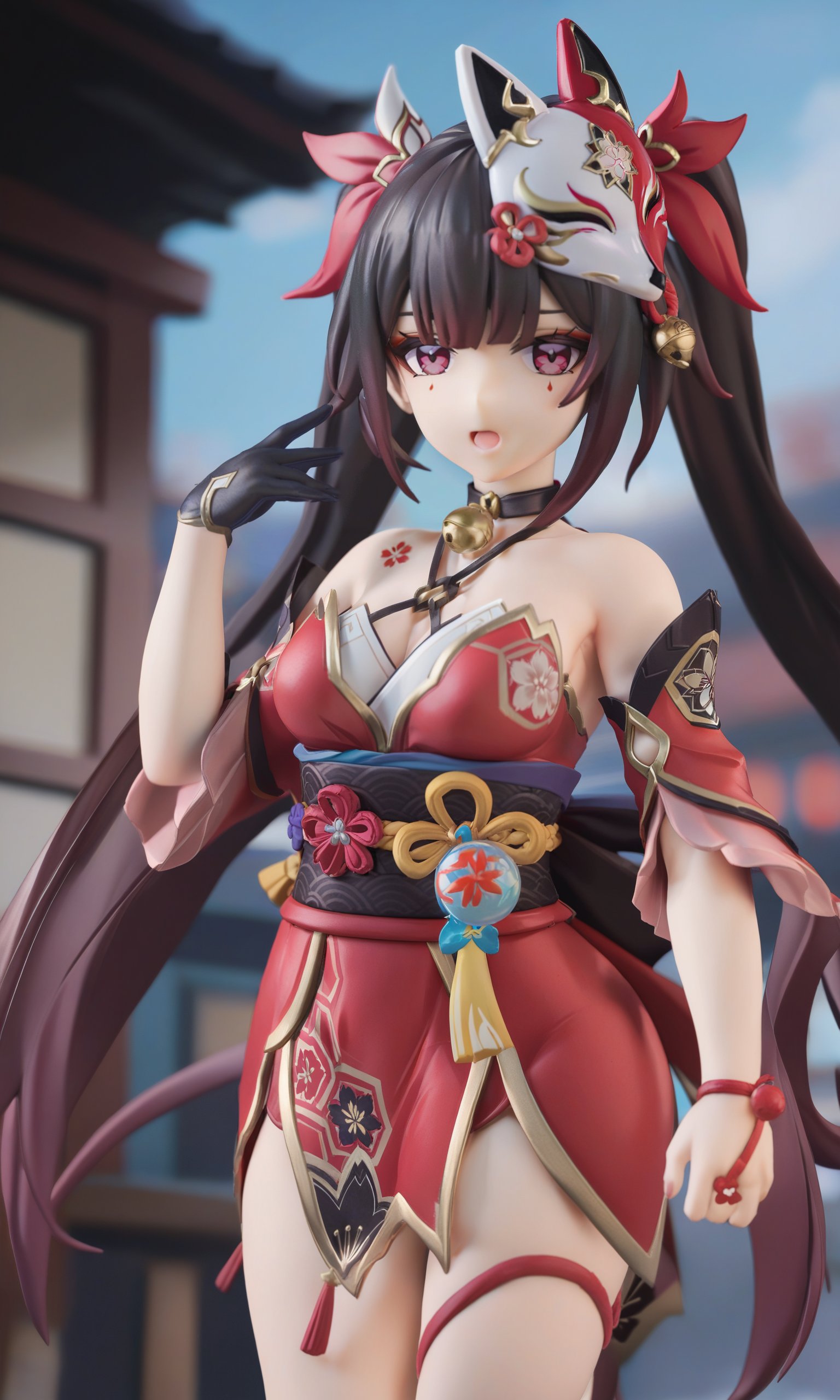 figure,masterpiece,best quality,illustration,highres,ultra-detailed,1girl,sparkle \(honkai: star rail\),twintails,hair ornament,solo,off shoulder kimono,mask on head,detached sleeves,choker,obi,single glove,wristband,criss-cross halter,thigh strap,cowboy shot,standing,japanese street,outdoors,depth of field,smug,open mouth,hands on hip,looking at viewer ,<lora:Char-HonkaiSR-Sparkle-XL-V1:0.9>,