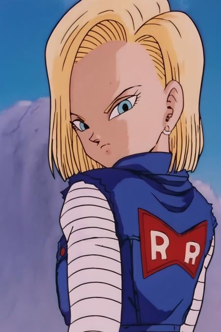 source_anime, score_9, score_8_up, score_7_up, anime screencap,detailed face, android 18, buu saga, , 1girl, solo, looking at viewer, short hair, blue eyes, blonde hair, collarbone, black shirt, denim jacket, upper body, looking back, from behind, vest, serious, retro artstyle, 1990s \(style\), striped sleeves, classic look, mountain, logo print, <lora:c18_pony_v1:1>