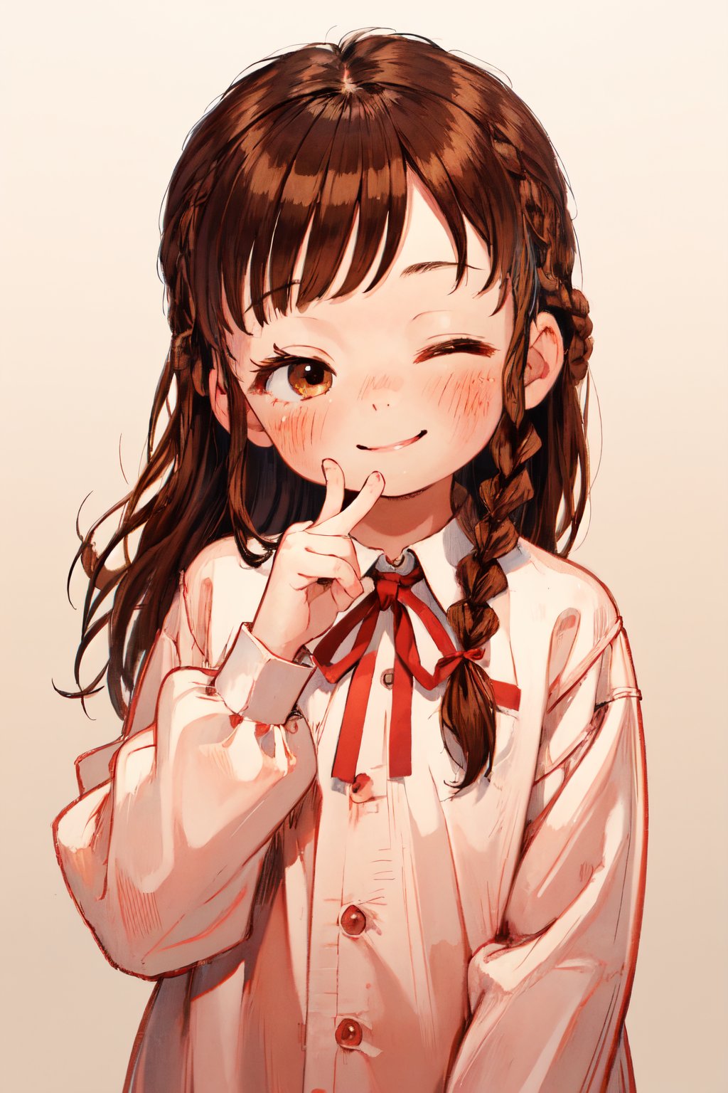 masterpiece, 1girl, cheek poking, blush, petite, cute, smile, brown eyes, long hair, brown hair, braid, one eye closed, neck ribbon, looking at viewer, simple background, red ribbon, upper body, closed mouth, long sleeves, hand up, shirt, <lora:eikohsd15-000035:1>