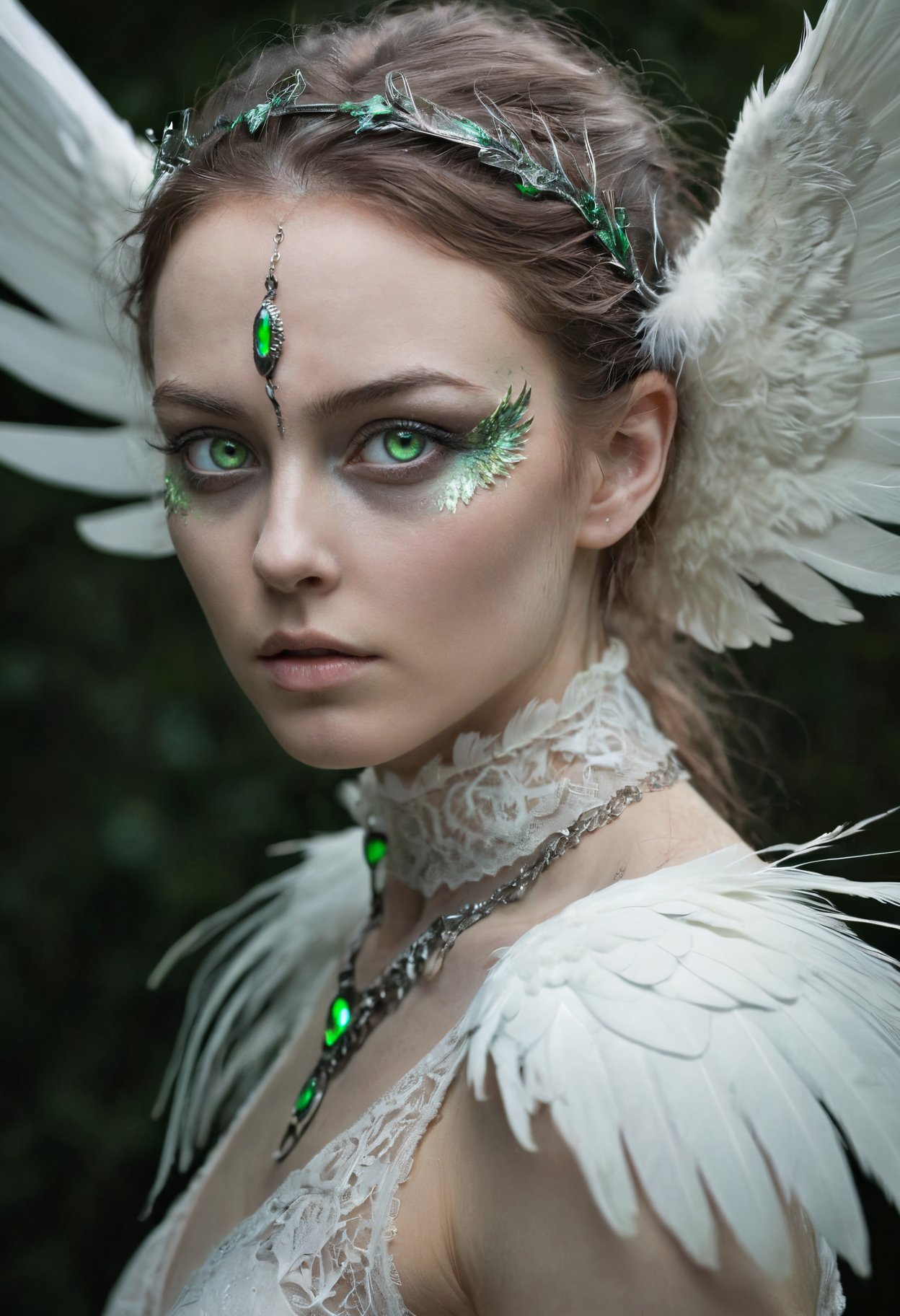 A hauntingly beautiful portrait of an otherworldly being, with delicate, feathery wings,piercing green eyes, and skin that shimmers like the moon