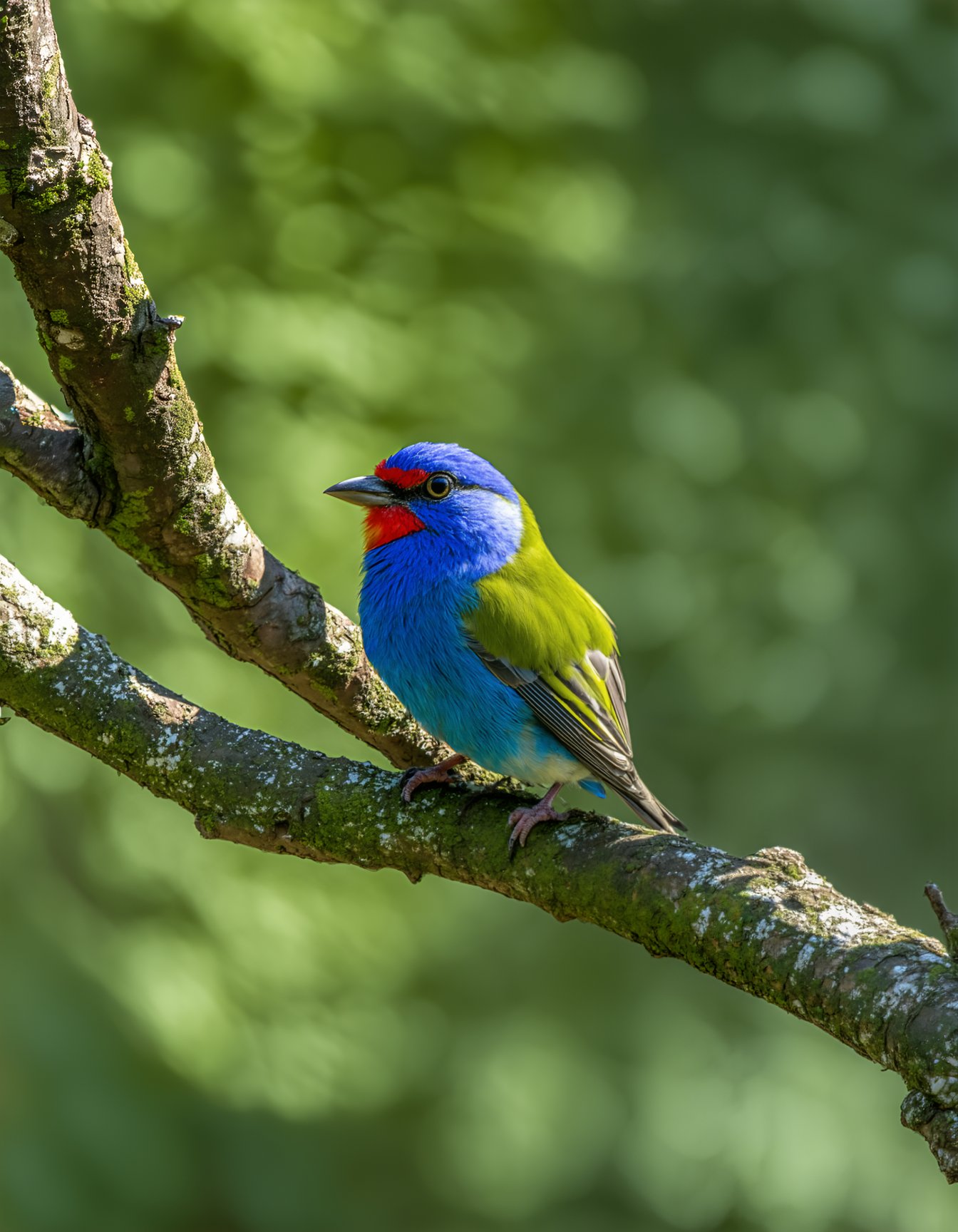 a colorful bird sitting on a tree branch, capturing the intricate details with macro photography, vibrant colors and the smallest of details, showcasing the beauty of nature, (best quality, 4K, highres, realistic:1.37) to ensure a masterpiece, capturing the bird's feather patterns in ultra-detailed precision, emphasizing the distinct hues and shades, highlighting the bird's unique characteristics, the luscious green of the tree branch contrasting with the rich, vibrant colors of the bird, creating a visually stunning image, with studio lighting to enhance the bird's features, capturing its beady eyes and delicate beak, the soft glow of natural sunlight illuminating the scene, creating a warm and welcoming atmosphere. ,