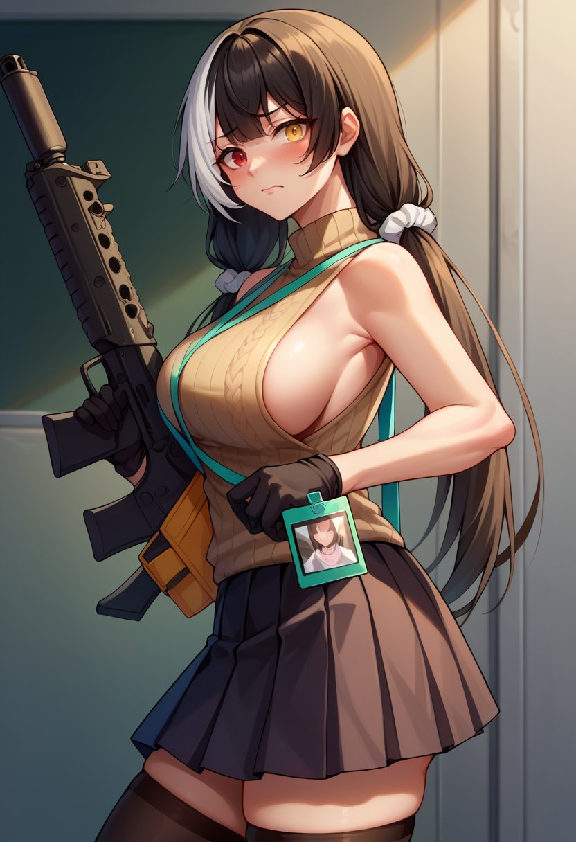 score_9,score_8_up,score_7_up BREAK 1girl,jelorodef,solo,standing,from side,assault rifle,sideboob,black hair,hair scrunchie,streaked hair,low twintails,red eyes,heterochromia,yellow eyes,turtleneck sweater,sleeveless,id card,black gloves,pleated skirt,thighhighs,looking at viewer,embarrassed,<lora:Ro635-JeloXL-000007:1>,