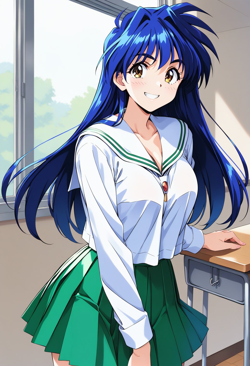 1girl, solo, cowboy shot, classroom, smile, arai_kiyomi, brown eyes, blue hair, long hair, school uniform, serafuku, white shirt, long sleeves, white sailor collar, pleated skirt, green skirt, <lora:Graduation_arai_kiyomi_pony_ver1:0.8>, score_9, score_8_up, score_7_up, BREAK source_anime, best quality, masterpiece, uncensored,