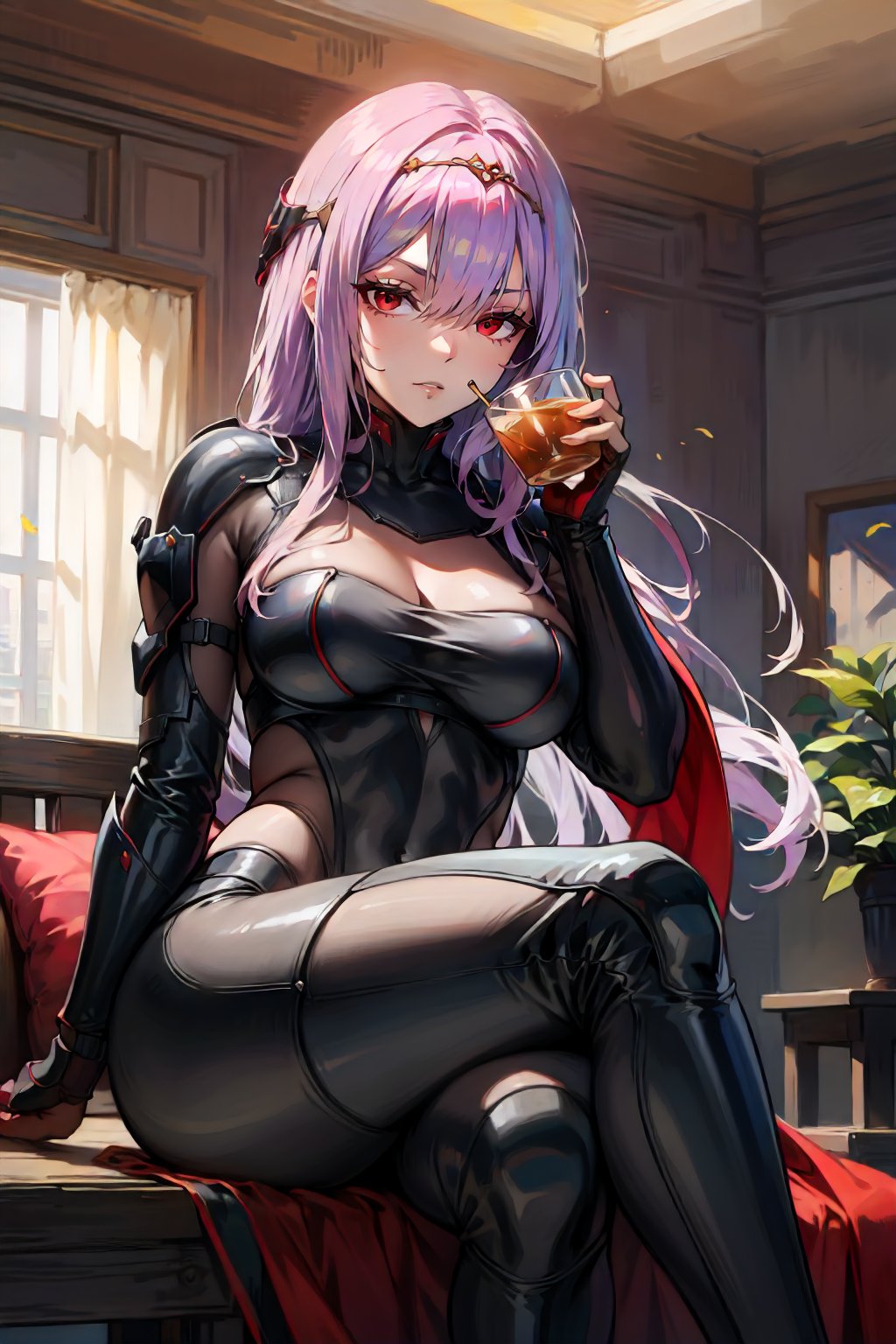 <lora:NIKKE_BSScarlet-DEF:0.7> scarletbs, solo, red eyes, headpiece, long hair, bodysuit, indoors, sitting, crossed legs, drinking tea, (high resolution, detailed, best quality, sharp)