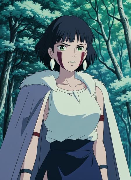 ghibli style, san \(mononoke hime\), 1girl, armlet, bangs, black hair, black undershirt, breasts, cape, circlet, earrings, facepaint, floating hair, forest, fur cape, green eyes, jewelry, looking at viewer, medium breasts, nature, necklace, outdoors, parted bangs, shirt, short hair, sleeveless, sleeveless shirt, solo, tooth necklace, tree, upper body, white shirt , ((masterpiece)) <lora:ghibli_style_offset:1.07>