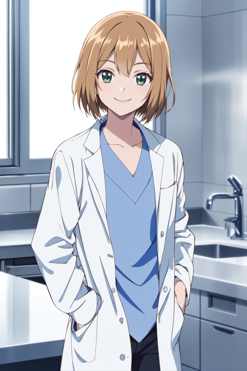 (RAW photo, best quality), 1girl,  natural lighting,  <lora:shouko_dr_elise_v1_2-000004:1>, shouko, labcoat,smile,