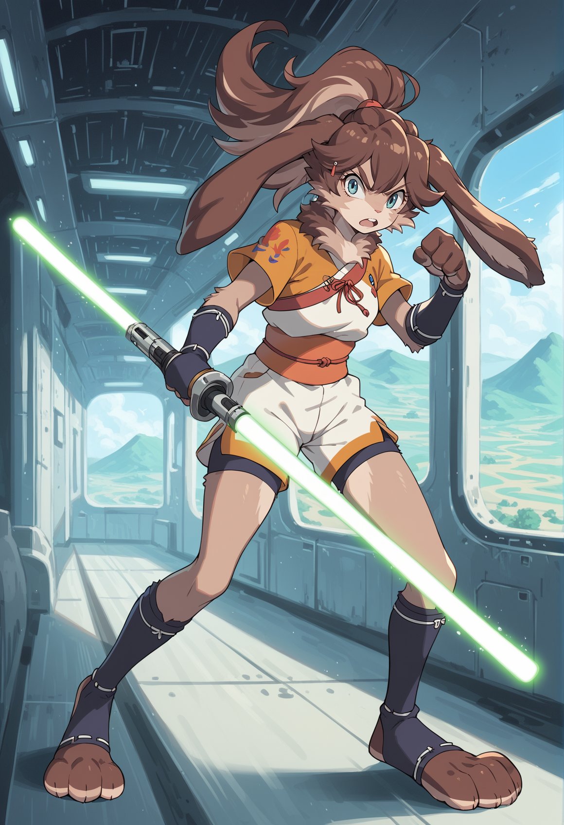 1girl, rabbit girl, long hair, brown hair, ponytail, blue eyes, furry, japanese clothes, wristbands, obi, short sleeves, shorts, holding green lightsaber, indoors, spacecraft interior, fighting stance, looking at viewer, full body <lora:LOP_sw:1>, score_9, score_8_up, score_7_up, score_6_up, score_5_up, score_4_up, BREAK source_anime, masterpiece