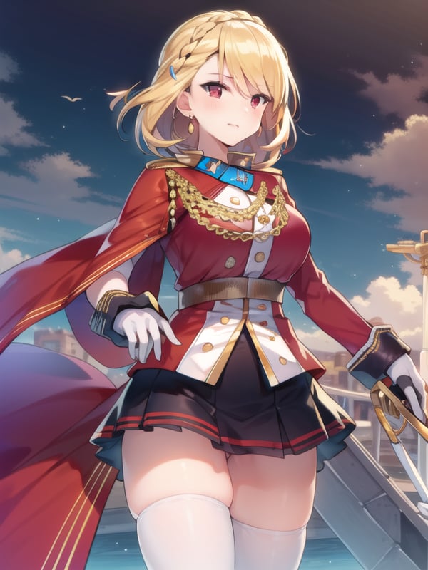 (hyper extreme detailed),(masterpeace),(hyper extreme),(photorealistic),CG,(colour:1.4), beautiful lighting,light from the front, solo,   <lora:Prince_of_Wales:1>,Prince_of_Wales,blonde hair,braided bangs,short hair,red eyes,red outfit,miniskirt,thigh_boots,