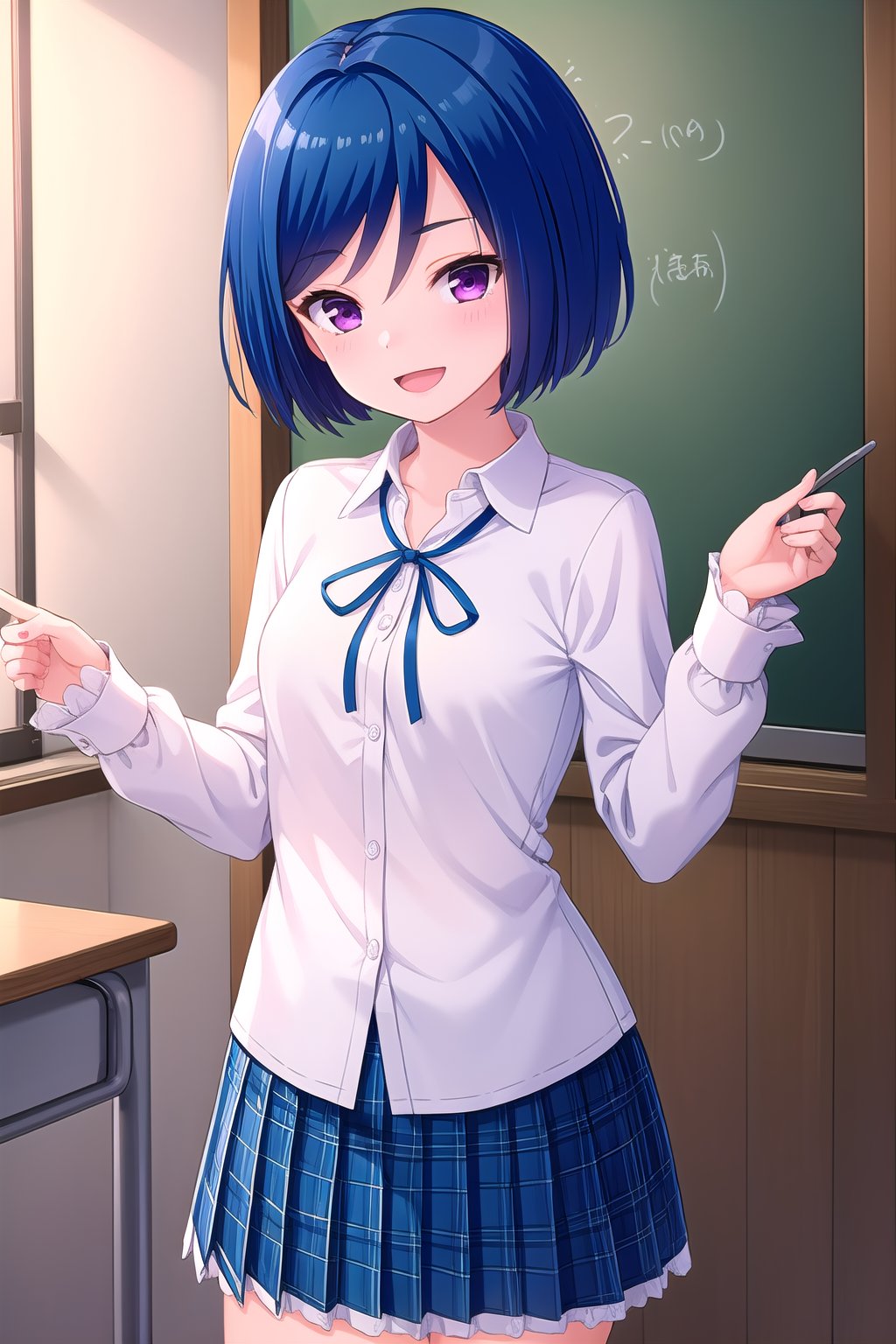 (masterpiece, best quality), highly detailed background, perfect lightingbest quality, akasegawamaki, solo, indoors, classroom, blue hair, swept bangs, bob cut, short hair, purple eyes, small breasts, neck ribbon, blue ribbon, white shirt, long sleeves, blue skirt, plaid skirt, frills, school uniform, smile, open mouth, :d, pink lips, <lora:Akasegawa-Maki-2-10:0.7>