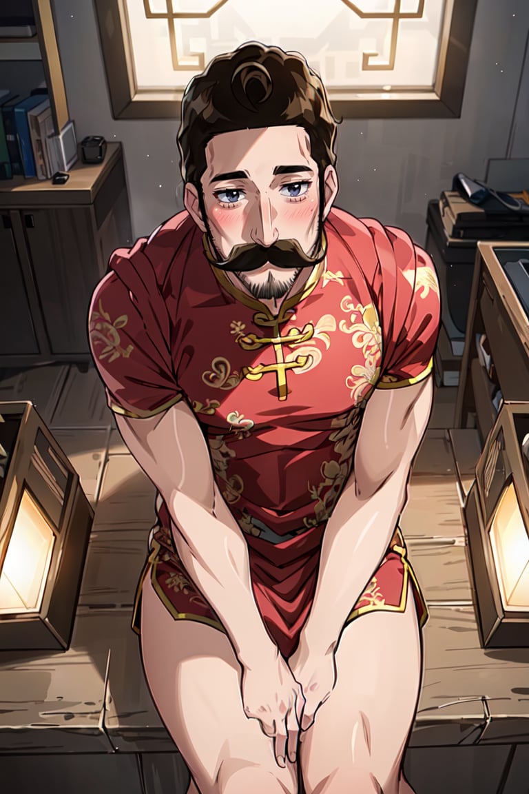 masterpiece, best quality, ultra-detailed, glistening shiny, glowing light, ray tracing, HDR, deph of field, (perfect face, detailed face), 1boy, <lora:Alaindelon:0.8>, alaindelon, mustache, facial hair, blush, muscular, crossdressing, china dress, short sleeves, bare legs