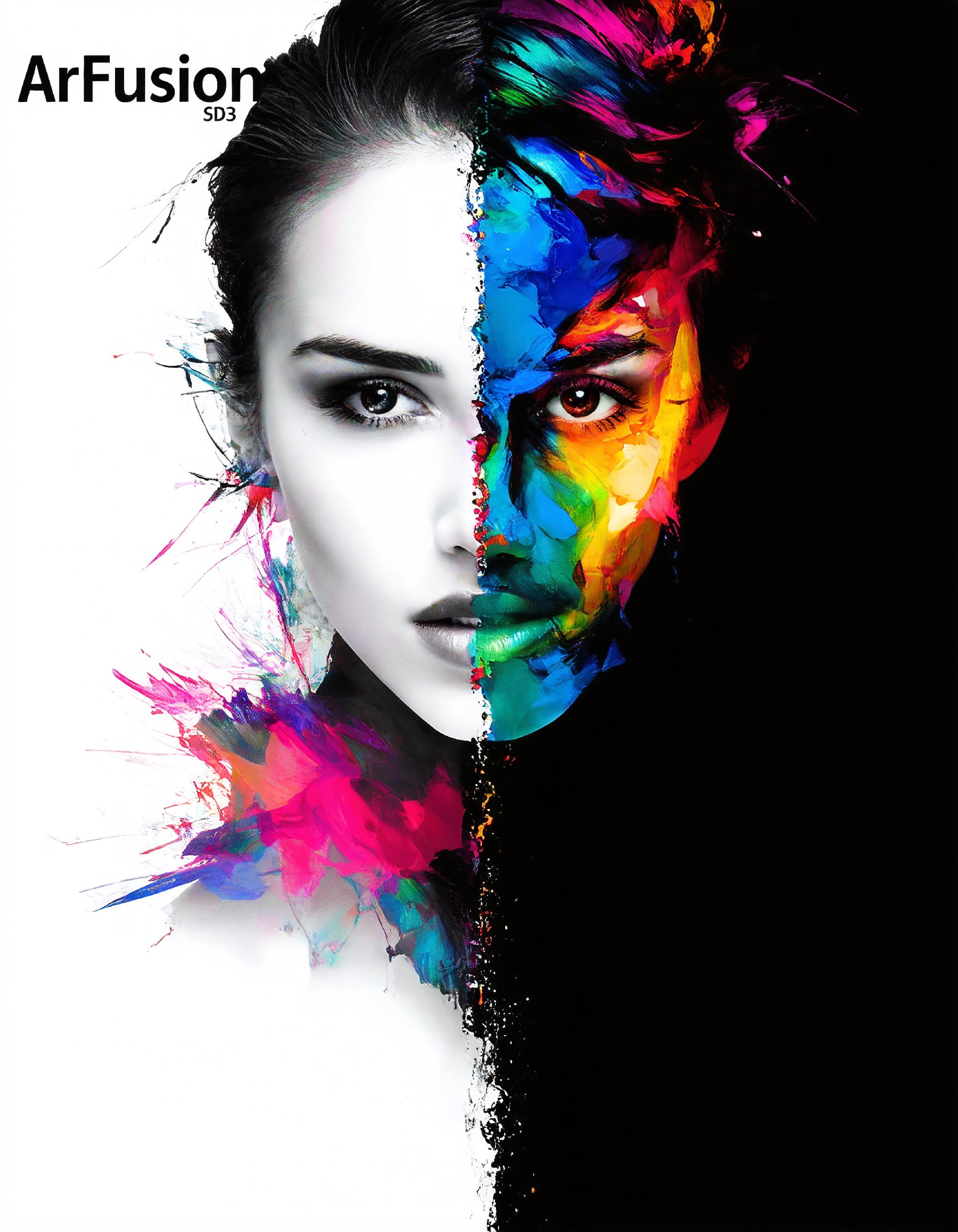 text "ArtFusion SD3", beautiful woman, colorful artwork, split image, left is monochrome, right is colored