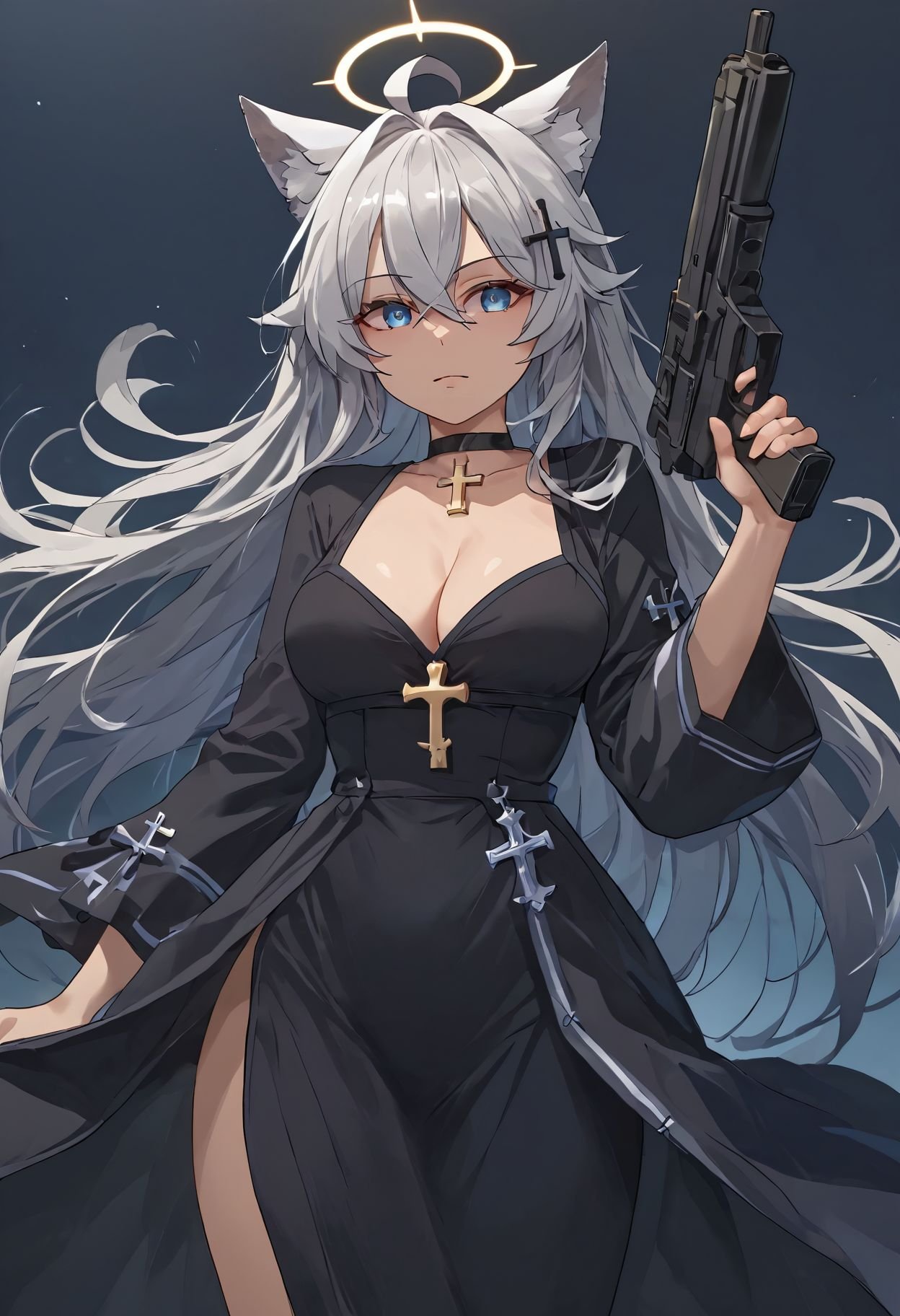 score_9, score_8_up, score_7_up, score_6_up,source_anime,1girl, ahoge, animal ear fluff, animal ears, black choker, black dress, black halo, blue eyes, breasts, choker, cleavage, cross, cross hair ornament, dress, extra ears, grey hair, gun, hair between eyes, hair ornament, halo, holding, holding gun, holding weapon, inverted cross, large breasts, long hair, long sleeves, looking at viewer, medium breasts, mismatched pupils, sleeves past fingers, sleeves past wrists, solo, weapon, wolf ears