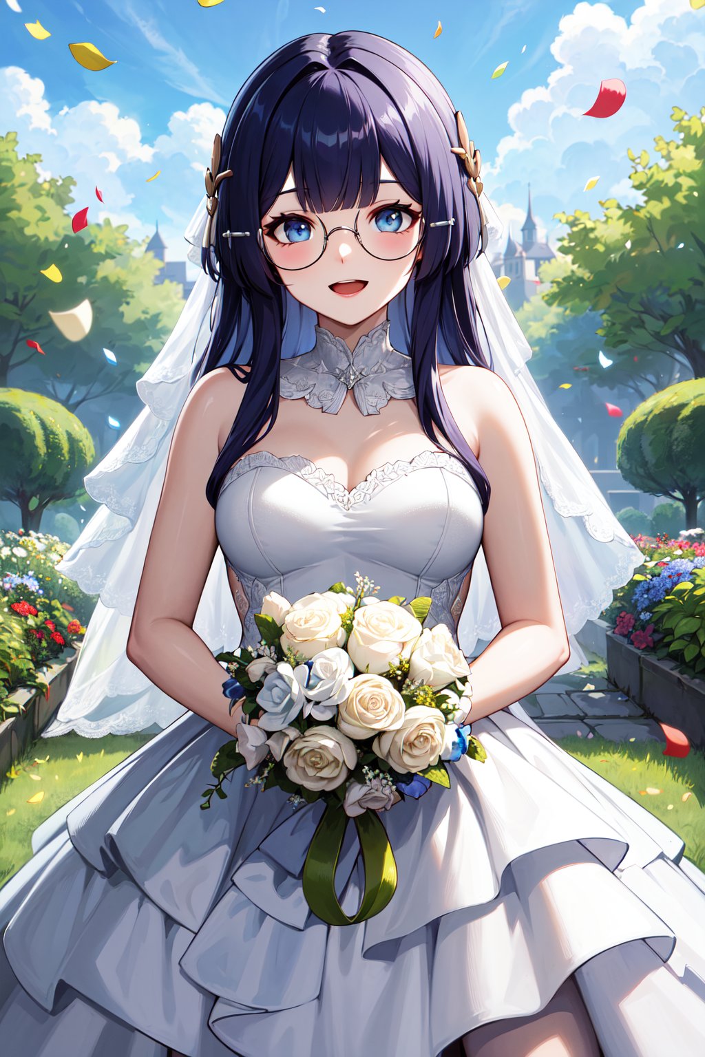 masterpiece, best quality, highres, aapela, long hair, hair ornament, glasses, <lora:pela_v1:0.7>, wedding dress, white dress, strapless, smile, open mouth, garden, holding bouquet, confetti, 