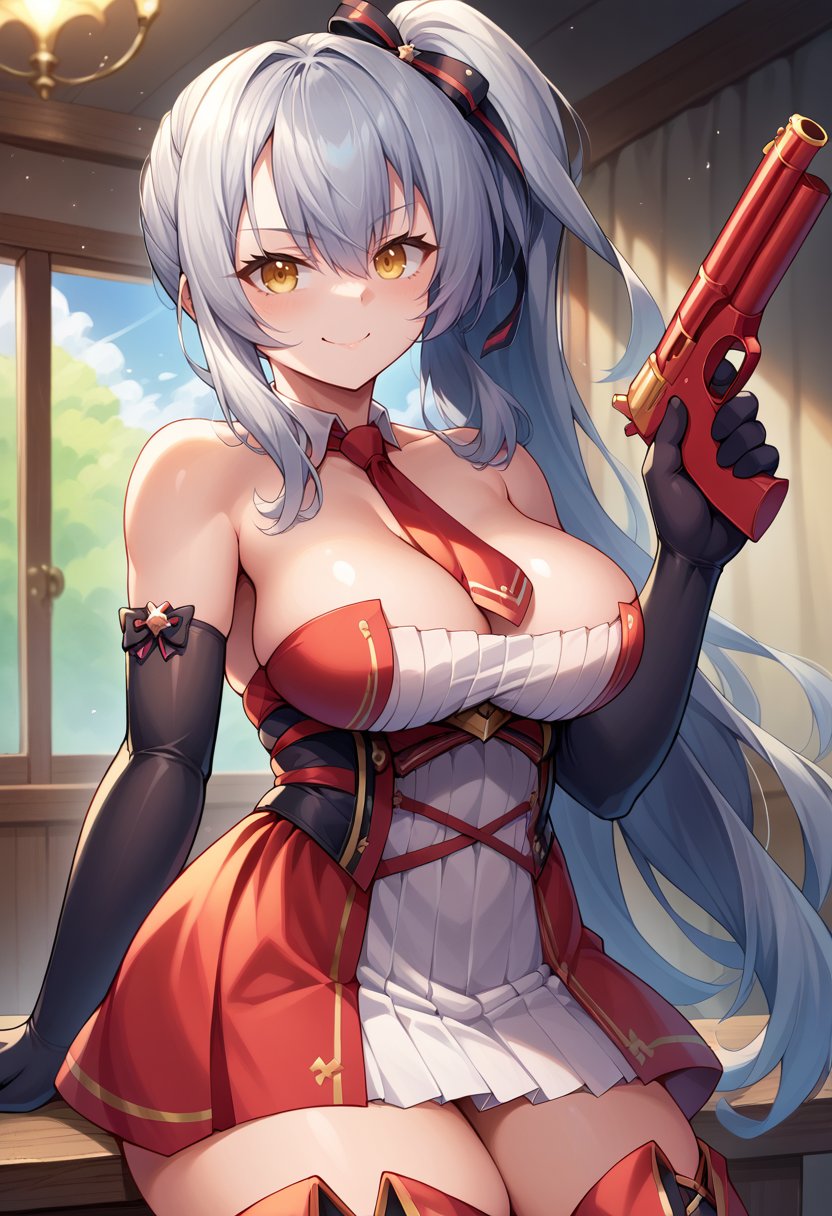 score_9,score_8_up,score_7_up BREAK 1girl,jelodkdef,solo,indoors,grey hair,side ponytail,hair ribbon,yellow eyes,detached collar,necktie,elbow gloves,short dress,thigh boots,holding gun,red gun,,looking at viewer,smile,<lora:Drake-JeloXL-000008:1>,