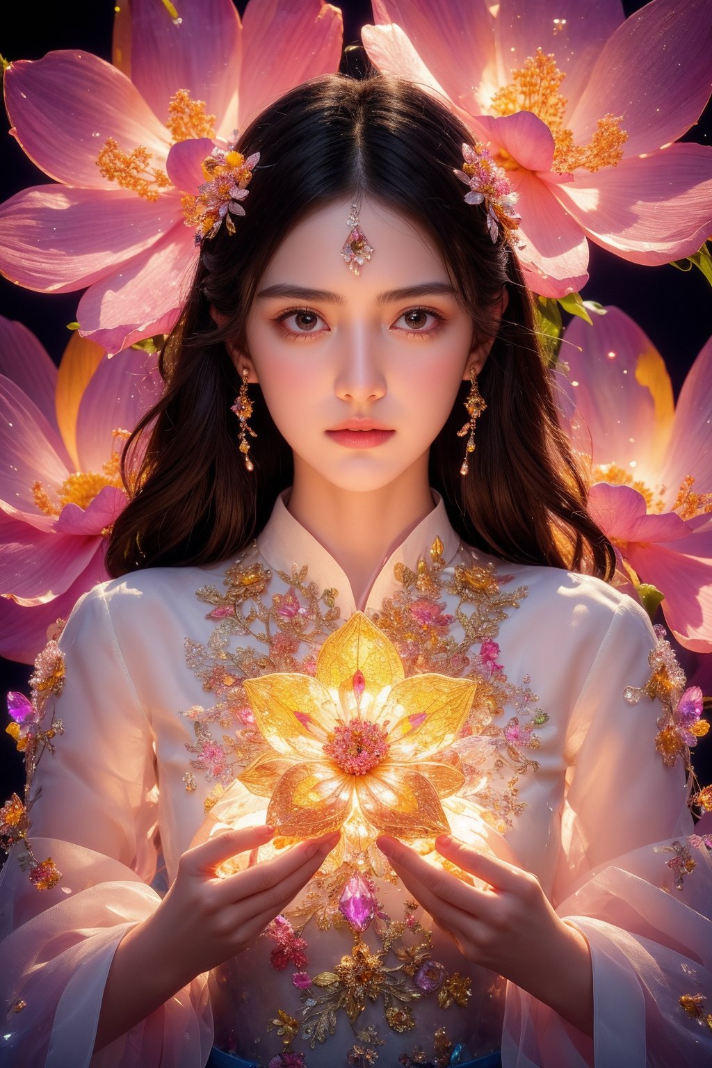 1girl, black background, black eyes, closed mouth, grey eyes, lips, long hair, long sleeves, looking at viewer, flower, extremely high quality high detail RAW color photo, crystal flower, intricate crystal patterns, translucent petals, prismatic light refraction, sharp, precise edges, detailed textures, luminous glow, 