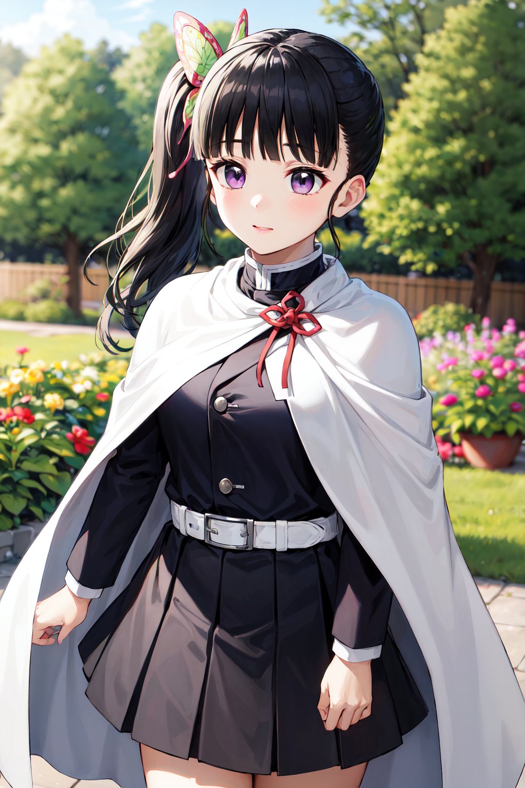 masterpiece, best quality, highres, aakanao, long hair, side ponytail, hair ornament, white cape, red ribbon, black jacket, long sleeves, belt, pleated skirt, black skirt, <lora:tsuyuri_kanao_v1:0.8>, standing, cowboy shot, outdoors, garden,