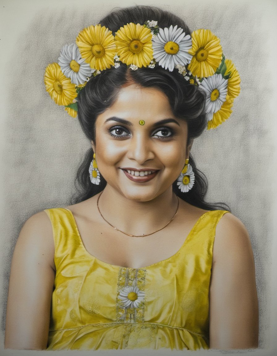 RamyaKrishnan,portrait of a girl With Smile in a yellow dress, with bare feet, in a wreath of daisies on her head and with a magic wand in her hand, Crosshatch, Graphite, Gel Pen, Chalk, Airbrush, Lacquer, Shoe, Cinematic, Agfacolor, Soft Body, Flowers