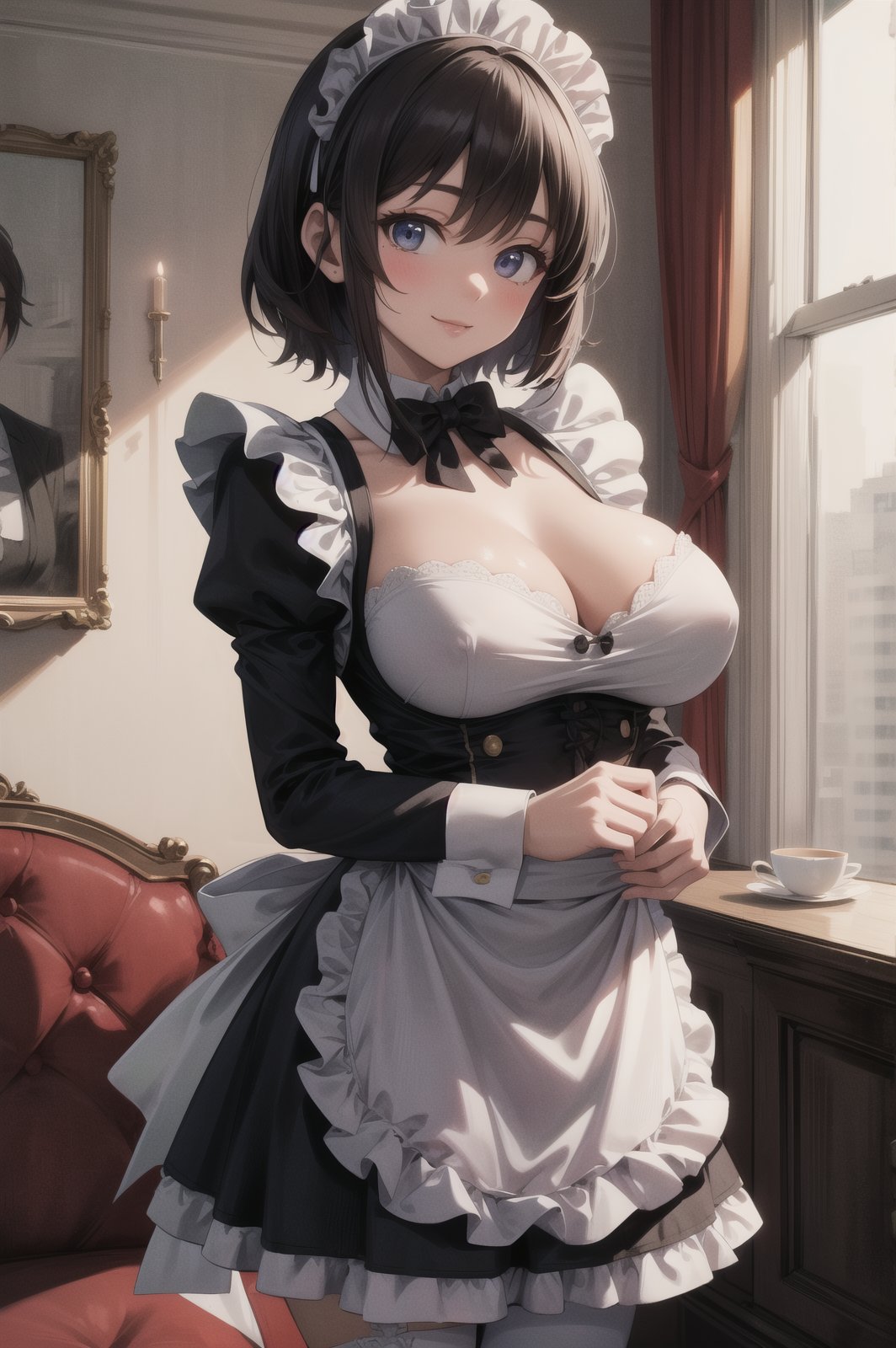 (masterpiece, best quality), (ultra detailed),(absurdres),(detailed anatomy:1.3),nice hands, nice fingers,cowboy shot, anime beautiful woman, england maid, (maid costume:1.3), solo, formal smile, (huge breast:0.8), sexy body, she is working at Luxury hotel tea lounge,<lora:more_details:0.3>, BREAKsfw, (masterpiece, best quality:1.4), (ultra detailed),(absurdres), Perfect delicate (animation cel),