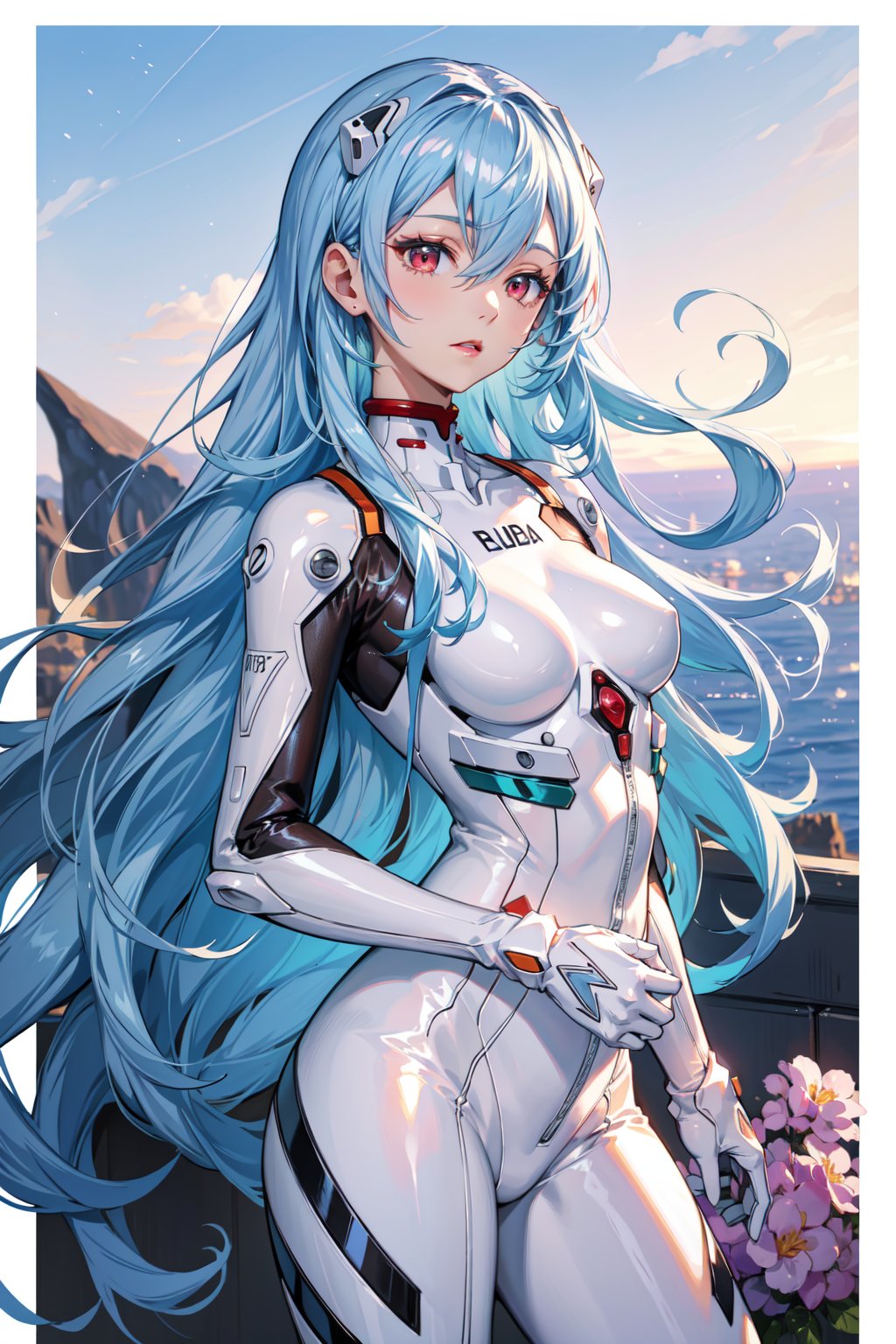 <lora:Rei-000011:0.6>,Rei CYQL,1girl,looking at viewer,solo,blue hair,red eyes,hair between eyes,medium breasts,(Rei 00,long hair,very long hair,hair between eyes,hair spread out,white bodysuit,plugsuit,interface headset,bodysuit,two-tone sleeves),(light_blush:1.2),beautiful face,beautiful eyes,glossy skin,shiny skin,(cowboy_shot,from_below,lying:1.2),double v,Amalfi Coast, Dinner, Sunset, Cliffside view, Romance,Hydrangeas, Concert stage, Twilight, Music, Entertainment,beautiful detailed sky,beautiful detailed glow,(English text:1.3),(border:1.5),posing in front of a colorful and dynamic background,(masterpiece, best quality, beautiful and aesthetic:1.3),contrapposto,female focus,fine fabric emphasis,wallpaper,fashion,Lipstick,depth of field,intricate_detail,finely_detailed,fine_fabric_emphasis,(glossy),<lora:增强减少细节add_detail:0.3>,