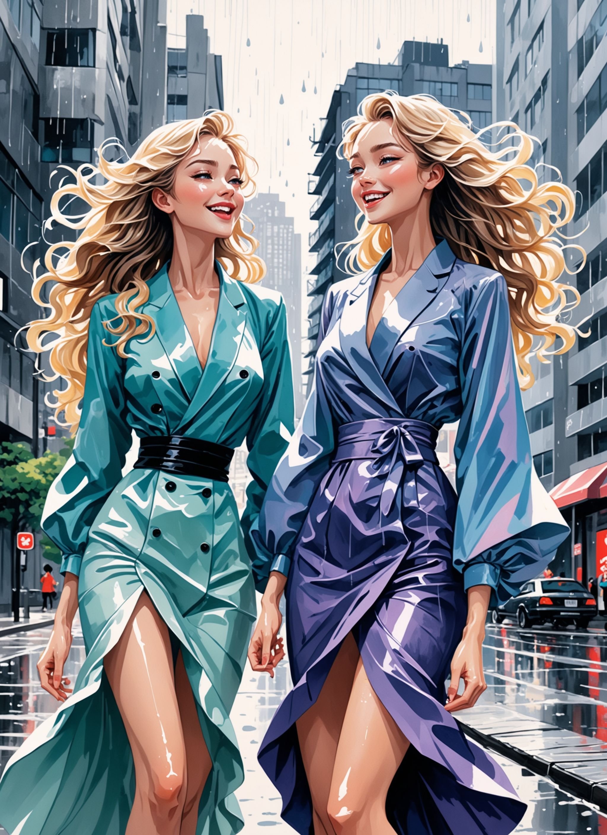 Medium zoom gouache illustration, (Pair of stunning females with luscious waves:1.3), Urban high-rise architecture, Blended hues, (Hairstyles synchronizing:1.2), Harmonizing shades, Rain-soaked atmosphere, Joyful expressions, (Manga artistry:1.2), Designer dresses, Exquisite design, Springtime elegance