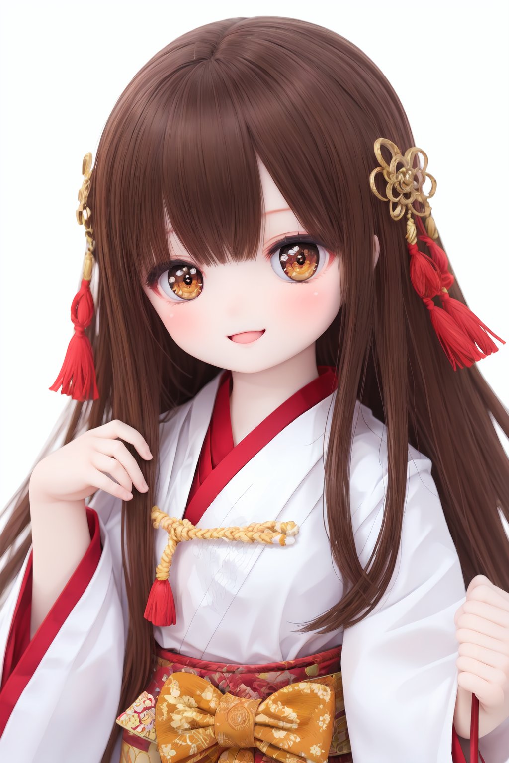 1girl, brown_eyes, brown_hair, chineseclothes,hongsehanfu, long_hair, looking_at_viewer, simple_background, smile, white_background, zhengmian<lora:doll-v1:0.5>,