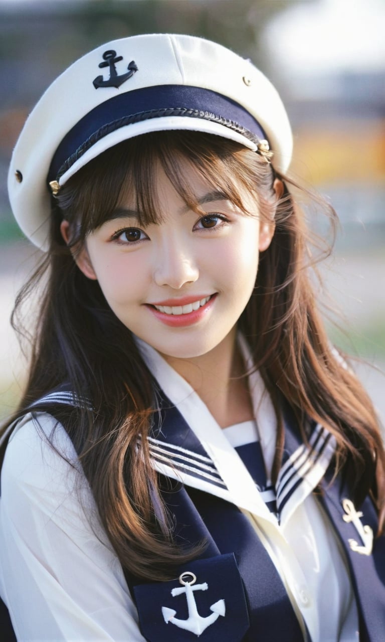 1girl,solo,brown hair,realistic,hat,long hair,looking at viewer,smile,lips,upper body,brown eyes,long sleeves,blurry background,blurry,watermark,bangs,school uniform,teeth,parted lips,white headwear,own hands together,sailor collar,