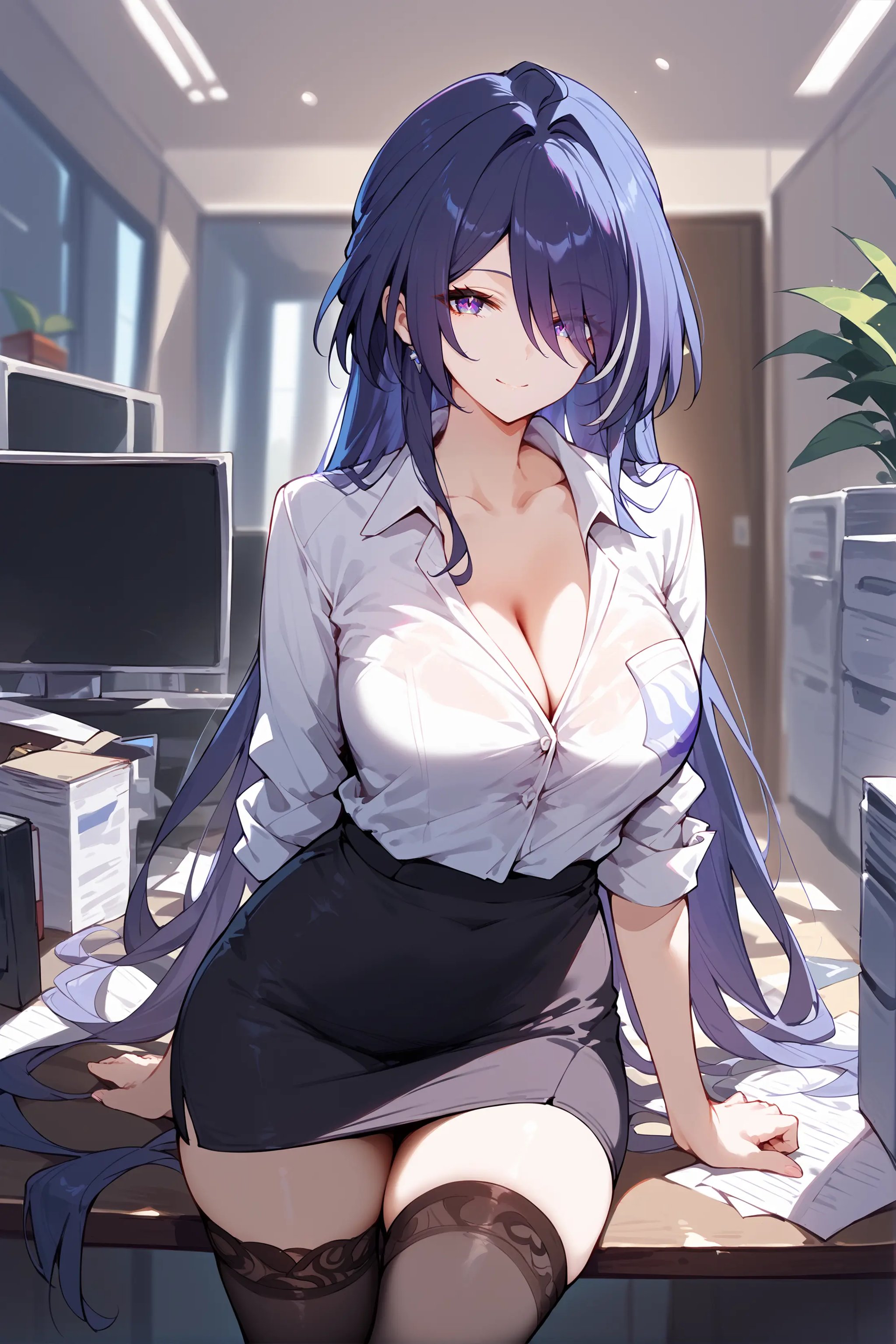 score_9, score_8_up, score_7_up, 1girl, acheron \(honkai: star rail\), solo, office lady, collared shirt, white shirt, pencil skirt, black thighhighs, looking at viewer, cowboy shot, light smile, office, indoors, depth of field  <lora:Char-HonkaiSR-Acheron-Pony-V1:0.9>