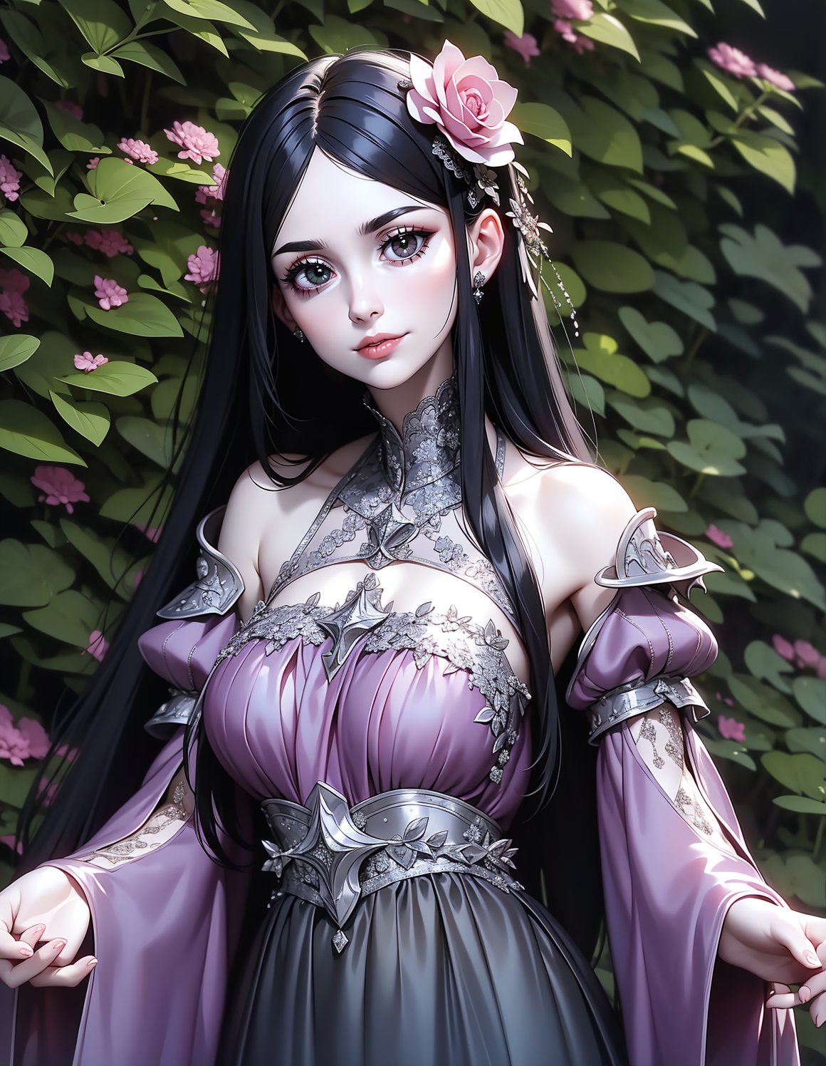 (portrait photo:1.3), adult woman, standing, wearing HUD_spr_armr, hair flower, long (chiffon dress), long sleeves, jewelry, intricate engraved metal neckpiece, shoulder piece, jeweled belt, breastplate, laser cut sleeves, <lora:HUD_spr_armr-07:0.7>, (long black hair:1.1), 4k, setting with trees and a lake, smile in a gothic getup. Dark, leather, lace, Victorian influence