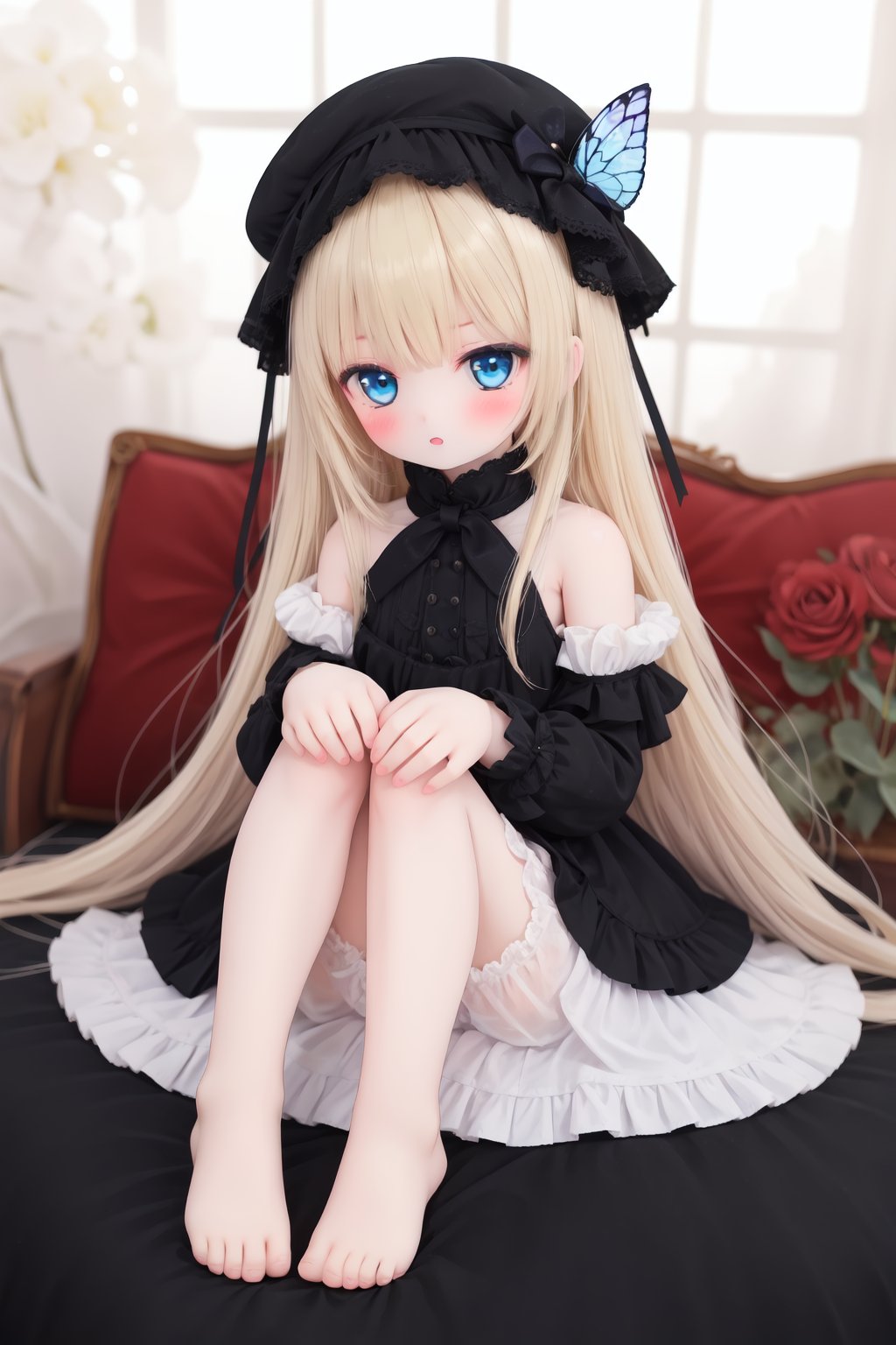 1girl,abigail_williams_\(fate\),bangs,barefoot,black_bow,black_dress,black_footwear,black_headwear,blonde_hair,bloomers,blue_eyes,blush,bow,bug,butterfly,dress,forehead,hair_bow,hat,long_hair,<lora:doll-v1:0.5>,