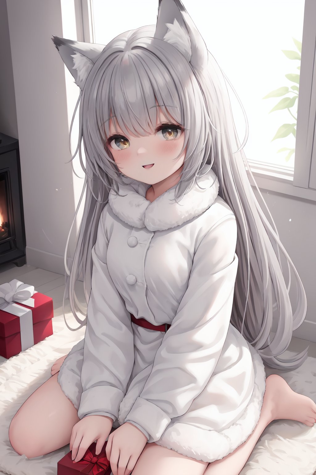 1 fox girl, (iolite eyes:1.1), fox ears, fox tail, silver hair, long hair, (happy:1.3), parted lips, cute, santa, sitting, wariza, hot drink, steam, carpet, (window:1.1), gift box, (warm fireplace light:0.9), dignified air, (snow scenery:0.3), winter, sharp focus, looking at viewer, cowboy shot, (intricate:1.1), (bright silver theme:1.1), (bright silver tone:1.1), (red tone:1.3), (yellow tone:0.8), illustration, 