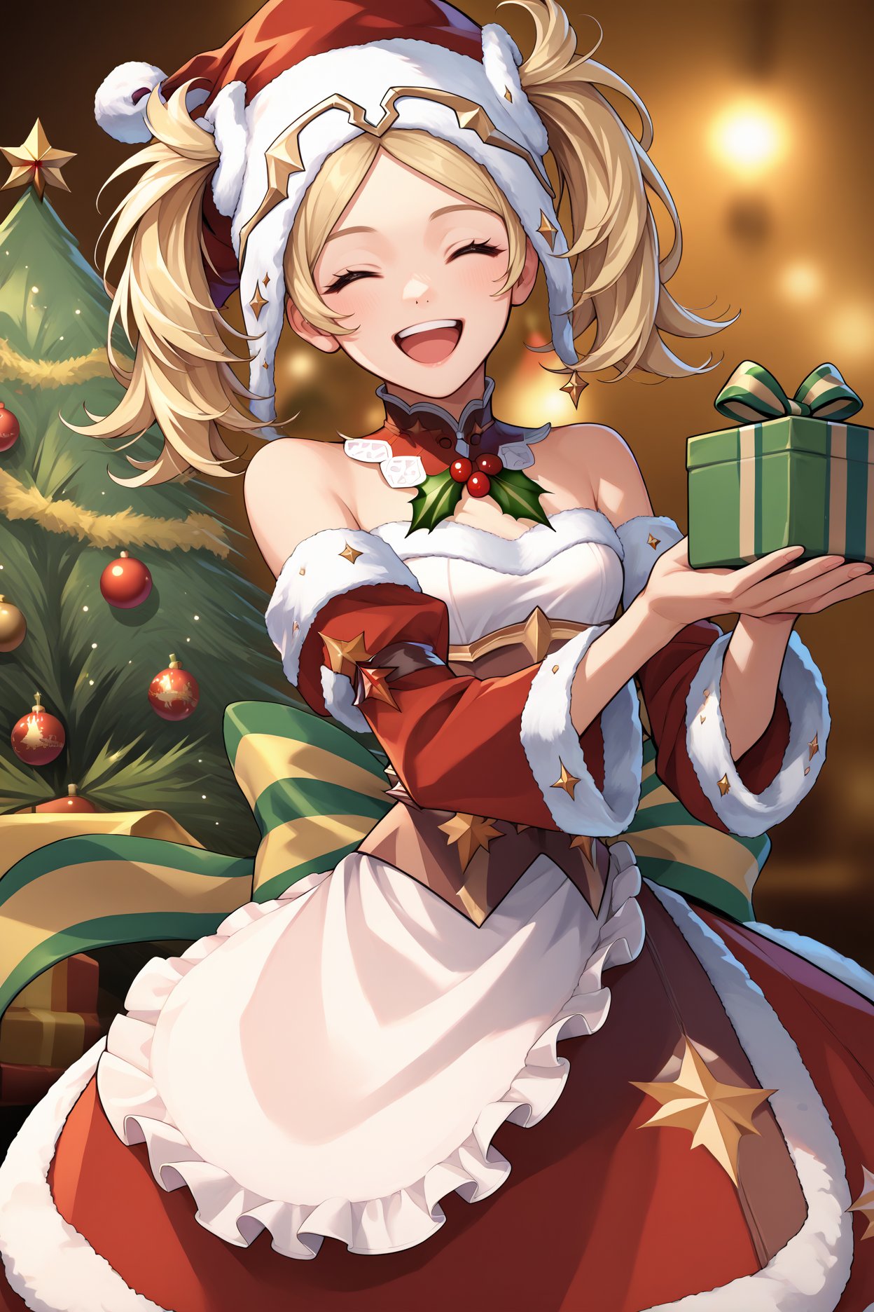 score_9, score_8_up, score_7_up, score_6_up, source_anime, 1girl, solo, <lora:felissa-pdxl-nvwls-v1-000005:1> winLissa, blonde hair, twintails, santa hat, red dress, bare shoulders, christmas, corset, fur trim, white apron, holding gift box, closed eyes, happy, open mouth, snow, christmas tree, looking at you