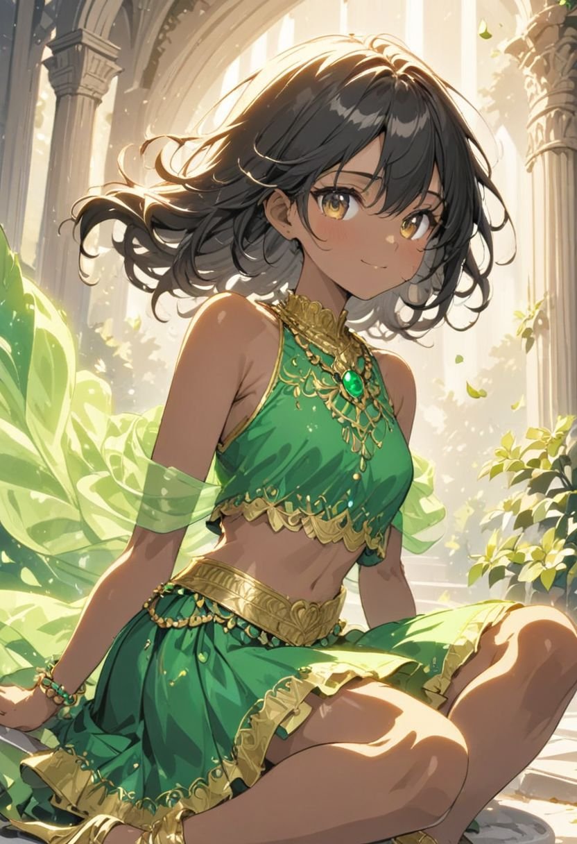 a beautiful (((black haired girl,))) very long messy hair, beautiful detailed deep brown eyes, (((brown skin))), tan skin,tan skin, (indian), cute and beautiful face, relaxed smile, medium breasts, indian clothes, gold and green silk Lehnga, cropped green and gold sleeveless silk Lehnga top covered in tiny emeralds, low waisted flowing gold and green silk Lehnga skirt, covered in emeralds, gold stiletto heels,toned midriff, gold waist chain, gold hair clips, gold and emerald bracelet, shawl, gold and emerald necklace, upper body view, colorful, (masterpiece:1.2), (best quality:1.2), ultra-detailed, best shadow, detailed background, high contrast, (best illumination, an extremely delicate and beautiful), ((cinematic light)), hyper detail, dramatic light, intricate details, 8k, anime, very aesthetic, sitting on marble fountain, legs crossed, looking at viewer, holding a gold flower, in an indian style marble garden, summer season, flower petals blowing in the wind, breezy weather, crepuscular lighting, warm lighting, morning time, green flowers cover the ground, skirt blowing in the wind, hair blowing in the wind, happy, indian beauty, pursed lips