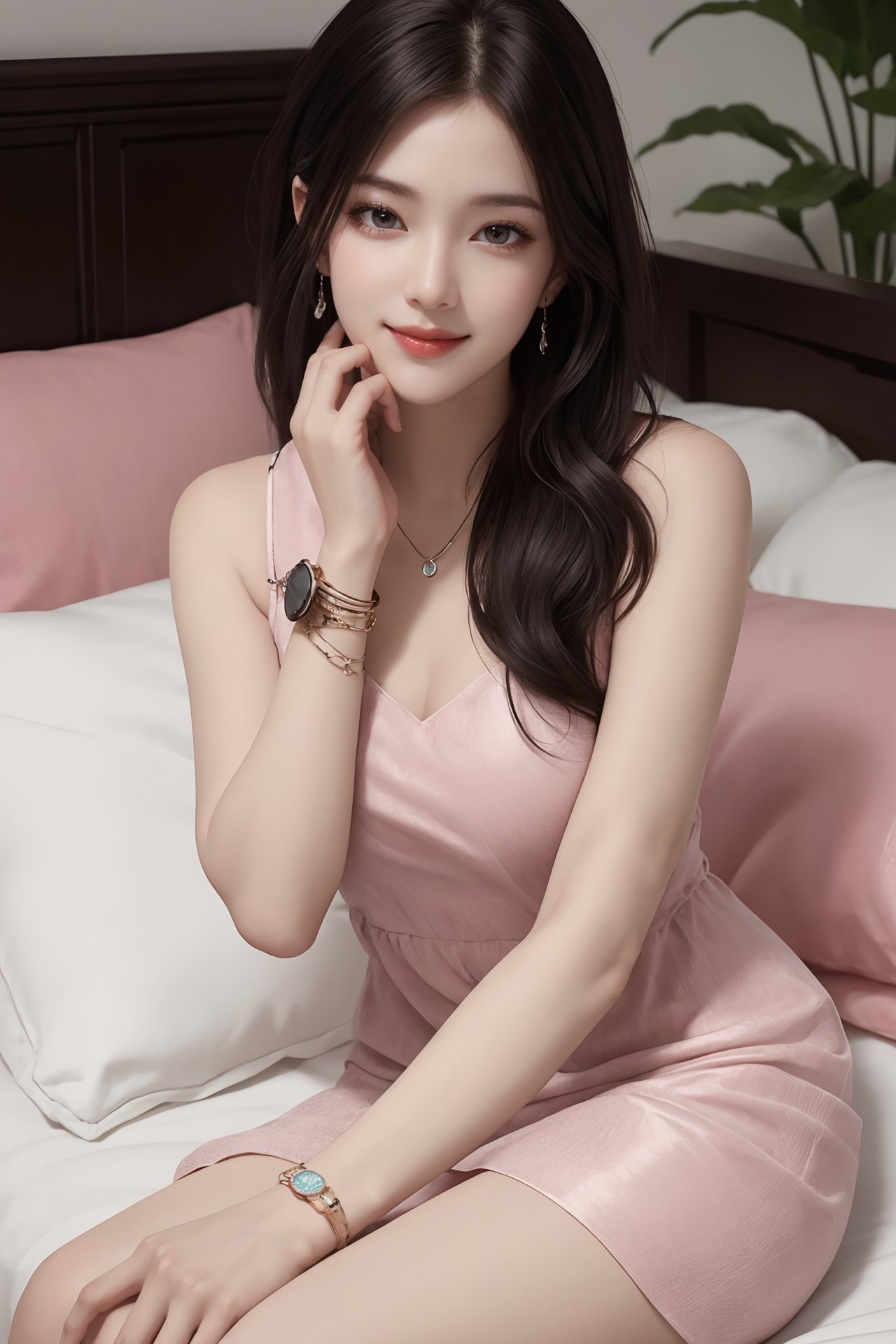 1girl, bed, black hair, bracelet, dress, jewelry, lips, long hair, looking at viewer, pillow, realistic, sitting, smile, solo, watch, wristband, wristwatch <lora:jk美女:0.8>