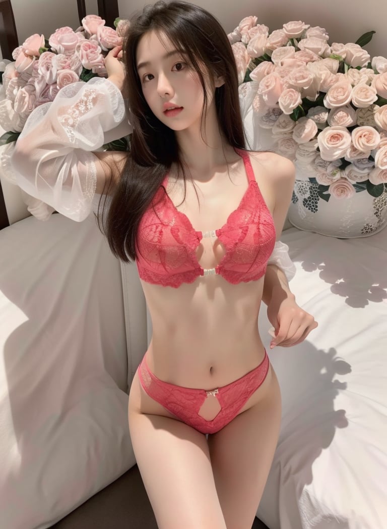 (masterpiece, best quality:1.4),finely detailed,1girl,solo,pale skin,perfect body,(small_breasts:1.2),standing,<lora:killer性感红色蕾丝内衣v1.0-000008:0.8>,pink panties,pink bra,lace,lacetrim,(cowboy_shot:1.2),