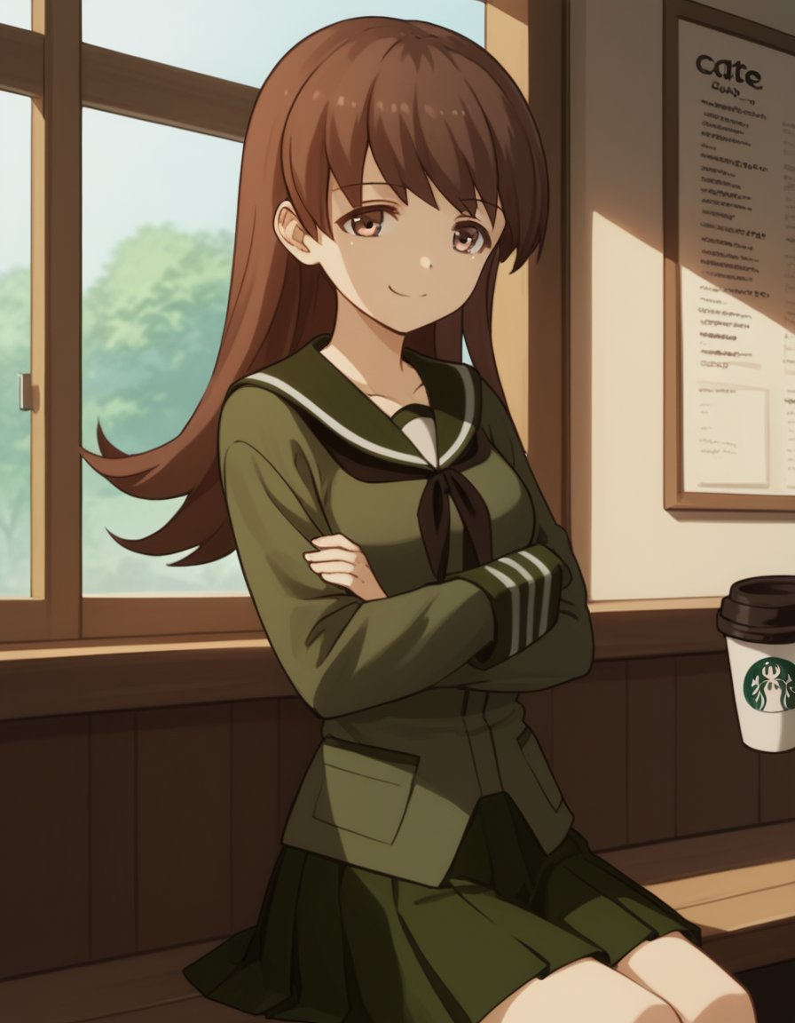 score_9, score_8_up, score_7_up, source_anime, <lora:kacolle-ooi-s1-ponyxl-lora-nochekaiser:1>, ooi, long hair, brown hair, brown eyes, ooi (kancolle), skirt, school uniform, pleated skirt, serafuku,, cafe, coffee cup, barista, sitting down, talking, relaxing, sunlight through window, , , crossed arms, smile, smug, solo,, cowboy shot, dutch angle