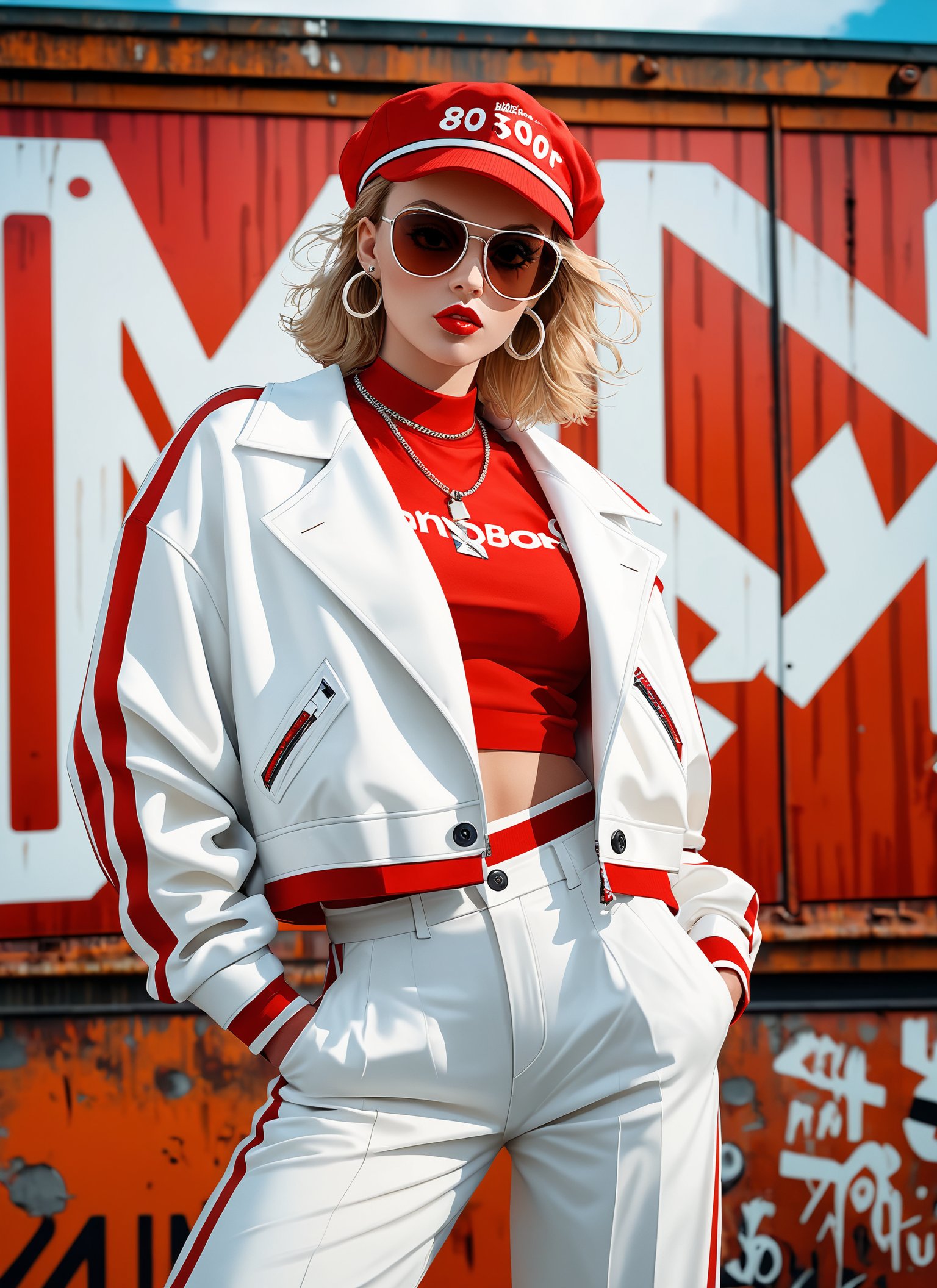 Medium format photorealistic highly detailed 8k photography, (Hip-hop 80's British model posing), (Rusty billboard backdrop:1.3), Zig-zag stripes, Large sunglasses, (White and red ensemble:1.2), Posing confidently, Retro vibe, Urban setting, Soft natural lighting, Captured with a Nikon D850, 50mm f/1.8 lens, Dynamic details, Bold fashion statement