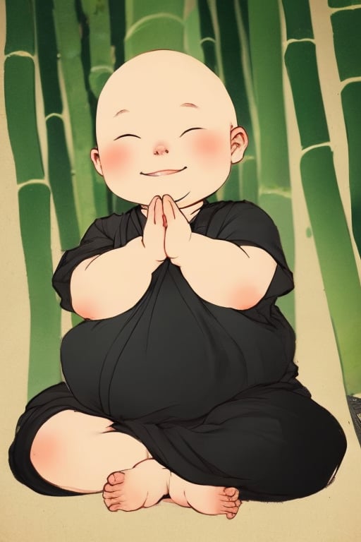 shuic01,1boy,male focus,solo,closed eyes,smile,barefoot,sitting,baby,bamboo,blush,very short hair,bald,own hands together,full body,<lora:SHUICAI01:0.8>,