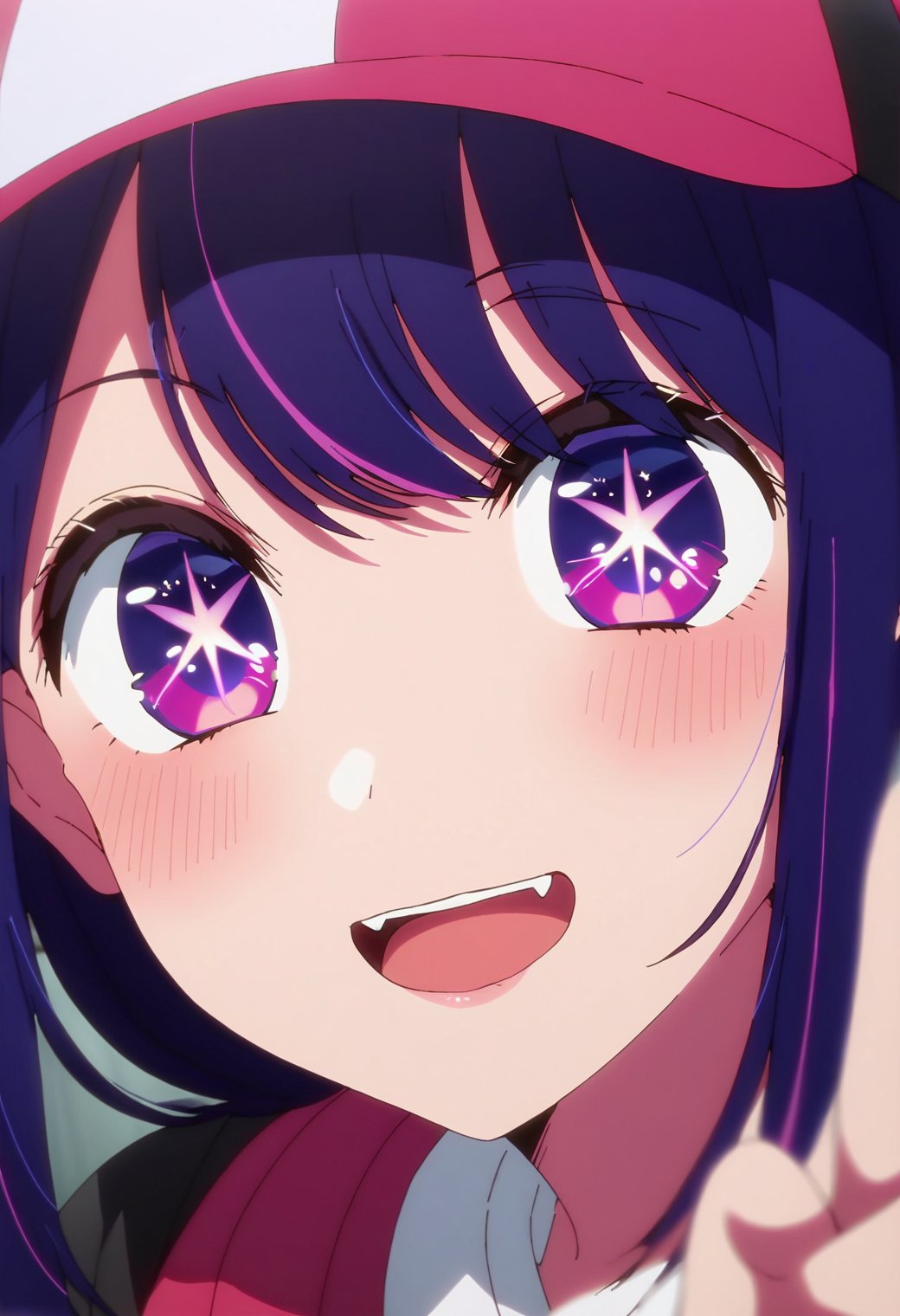 1girl, hoshinoai, solo, <lora:hoshinoai_ponyxl:0.9>, purple hair, purple eyes, long hair, star-shaped pupils, BREAKwhite shirt, baseball cap, BREAKfacing viewer, upper body, close-up, fangs, upper teeth only, v, BREAKscore_9, score_8_up, score_7_up, score_6_up, anime,(high quality, detailed, beautiful), shiny, detailed beautiful eyes, outstanding, countershading, detailed soft lighting