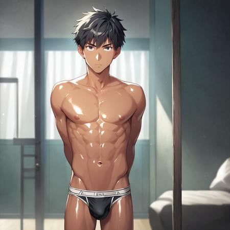 1boy, male focus, solo, standing, looking at viewer,  glistening skin, underwear, interior, topless male, arms behind back, short hair, black hair, score 9, score 8 up, score 5 up, <lora:shinyskin2:3>