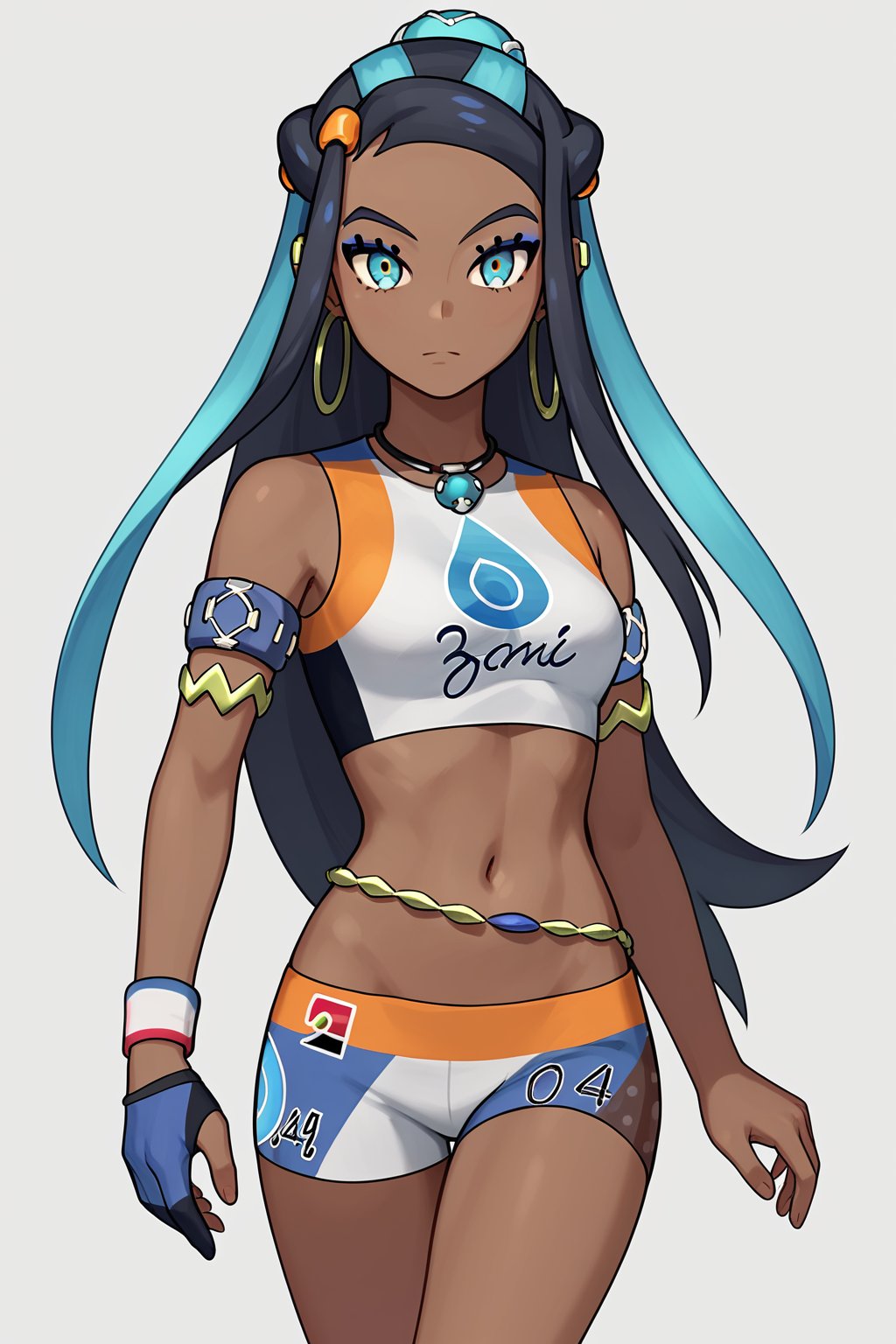 Score_8_up, score_7_up, Score_9, BREAK, Solo, 1girl, 1nessa1, single hair bun, crop top, print shirt, print shorts, wristband, single glove, armlets, belly chain, cowboy shot, looking at viewer<lora:EMS-414317-EMS:0.600000>