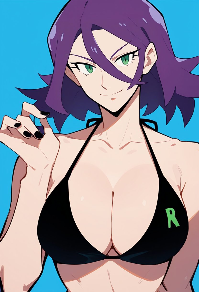 score_8_up, james \(pokemon\), 1girl, bikini, blue background, cleavage, collarbone, genderswap, genderswap \(mtf\), green eyes, hair between eyes, halterneck, hand up, large breasts, light smile, looking at viewer, nail polish, team rocket uniform, single letter, purple hair, simple background, solo, upper body, black nails<lora:NoctFlatStyleV4:0.75>