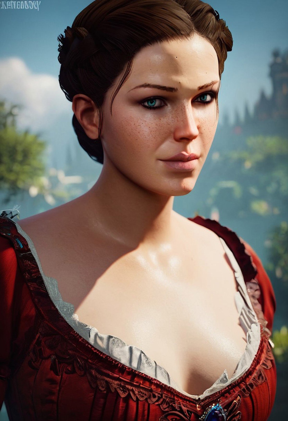 score_9, score_8_up, score_7_up, score_6_up, EV_FRYE, 1girl, solo, beautiful woman, perfect face, blue eyes, brown hair, updo hair, lips, looking at viewer, upper body, cleavage, red dress, victorian party, realism, realistic, masterpiece, 4K