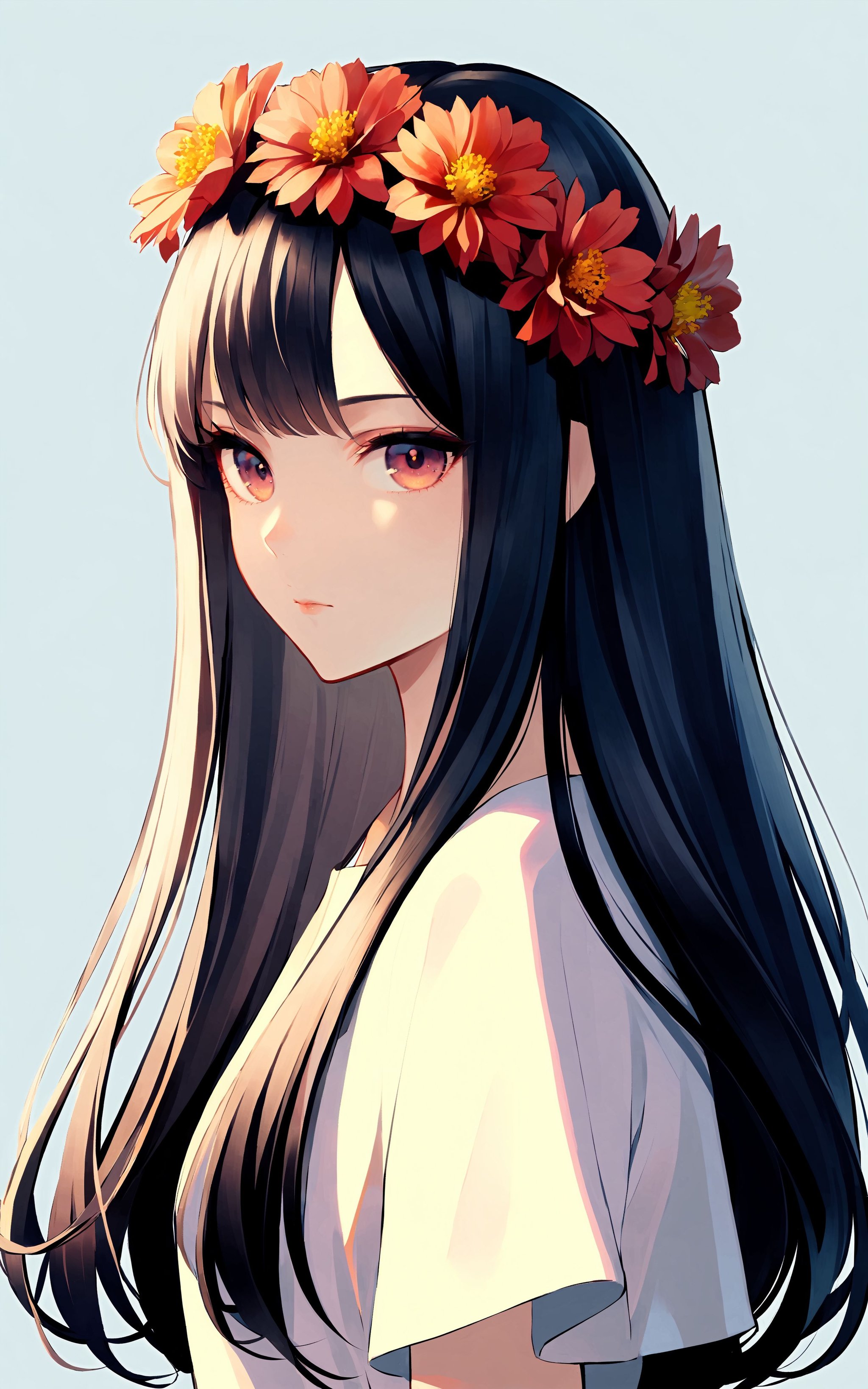 1girl, solo, looking at viewer, long hair, closed mouth, simple background,flower <lora:XLTEST 06:0.75>